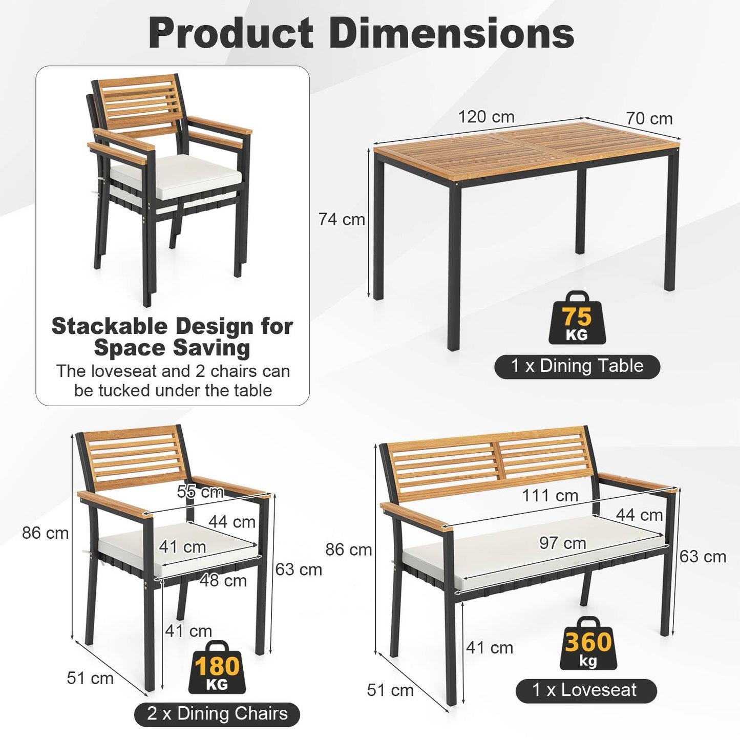 4-Piece Patio Dining Set Outdoor Wood Metal Furniture
