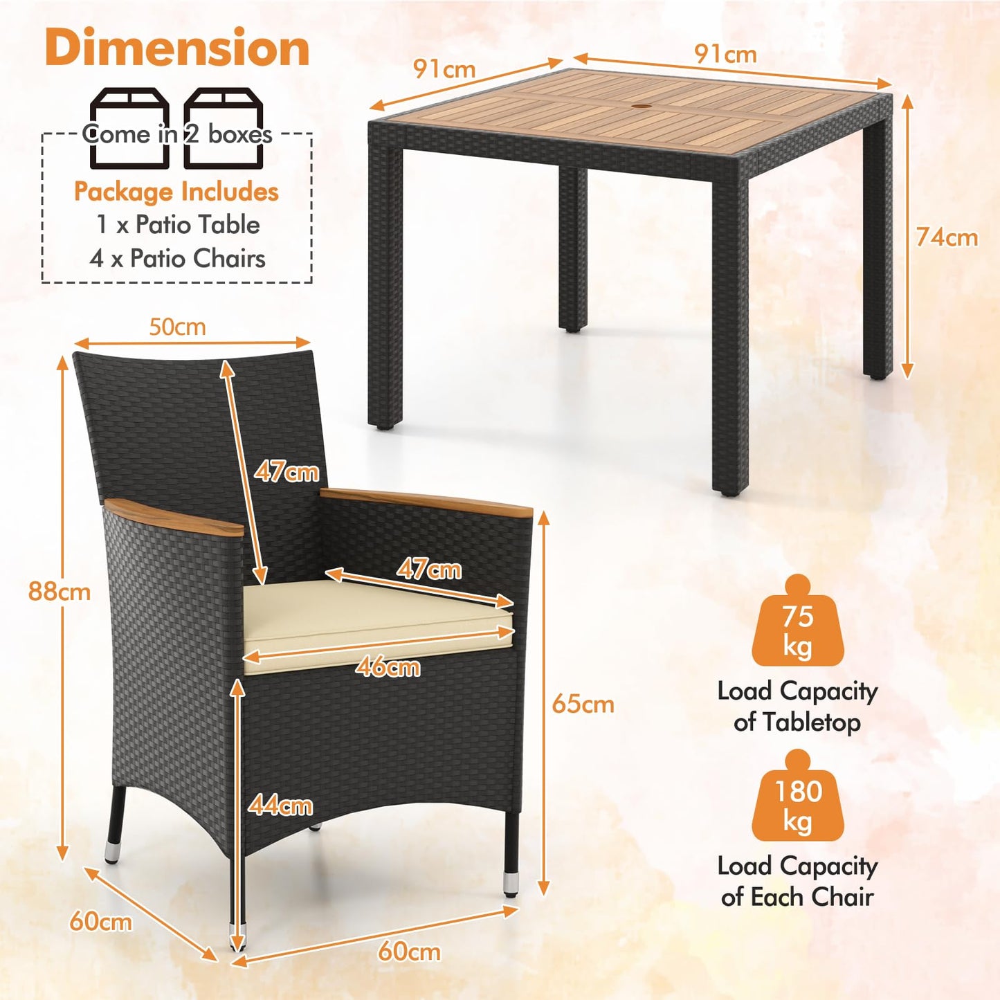 5 PCS Patio Dining Table Rattan Conversation Set with Umbrella Hole