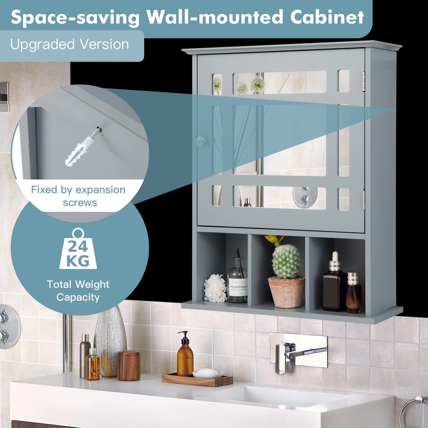 Mirror Door Cabinet with Adjustable Shelf and 3 Compartments