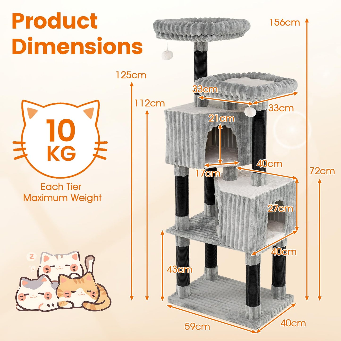 Cat Tree, 156cm Tall Multi-Layer Cats Tower with 2 Perch Beds