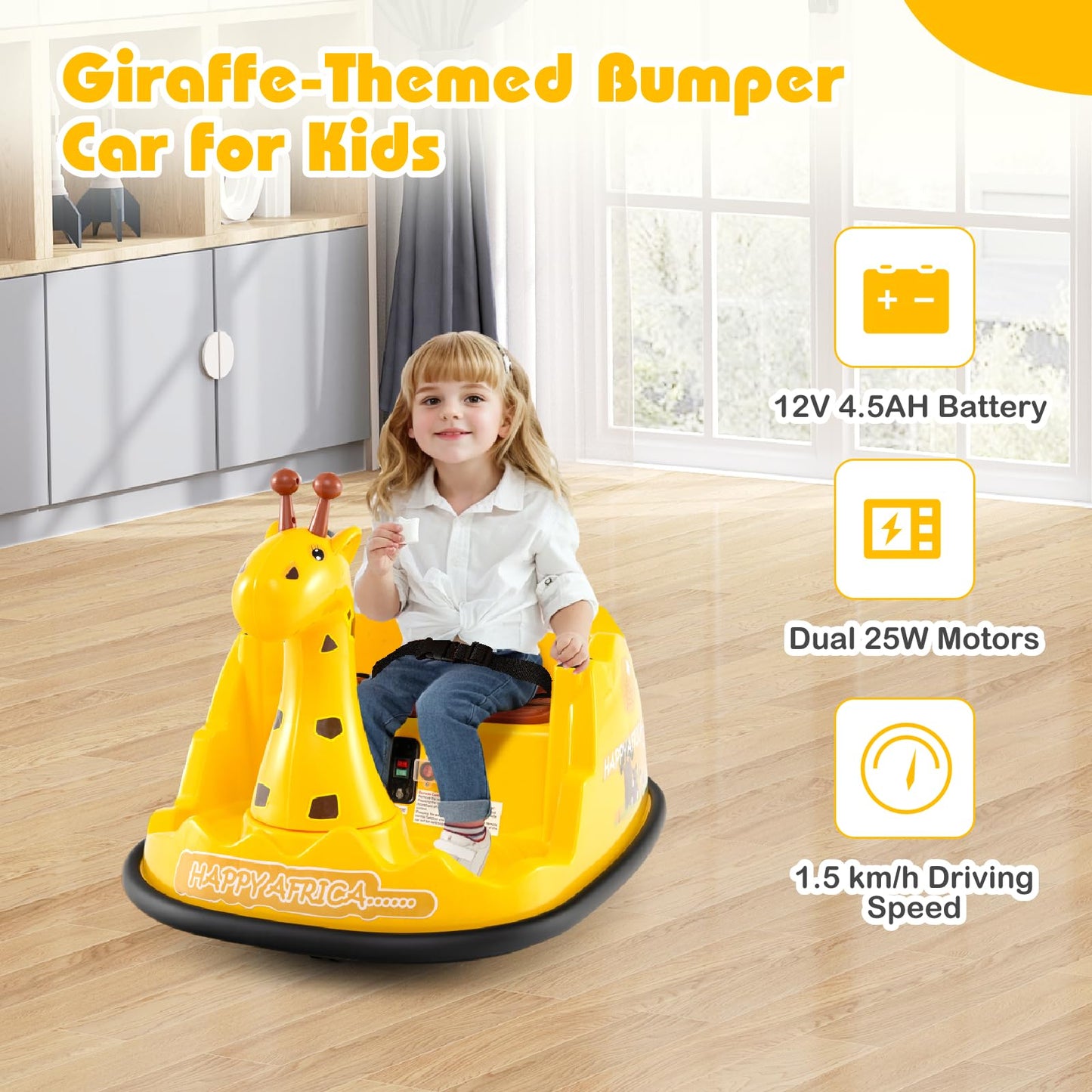 12V Bumper Car Giraffe Toddler 360° Spinning Ride on Toy