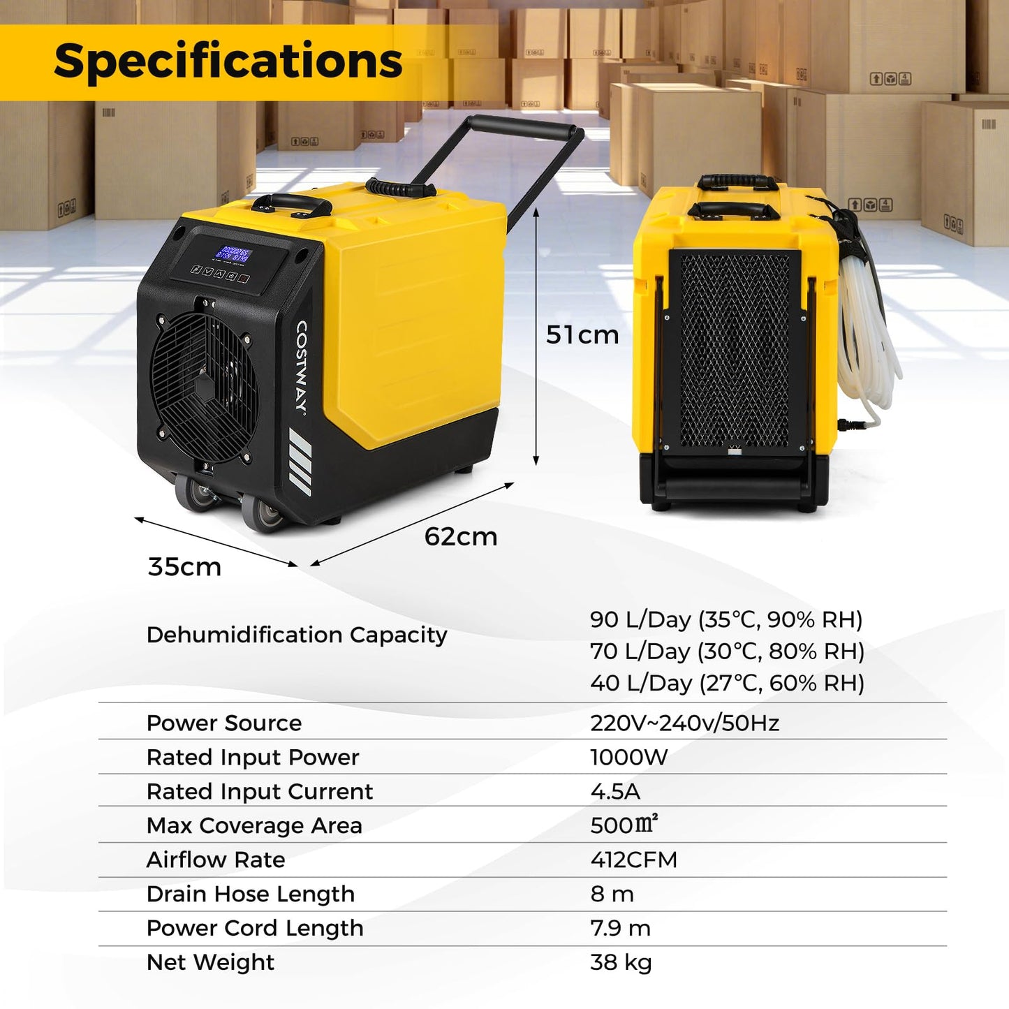 90L/Day Commercial Dehumidifier with Pump and 2 Wheels