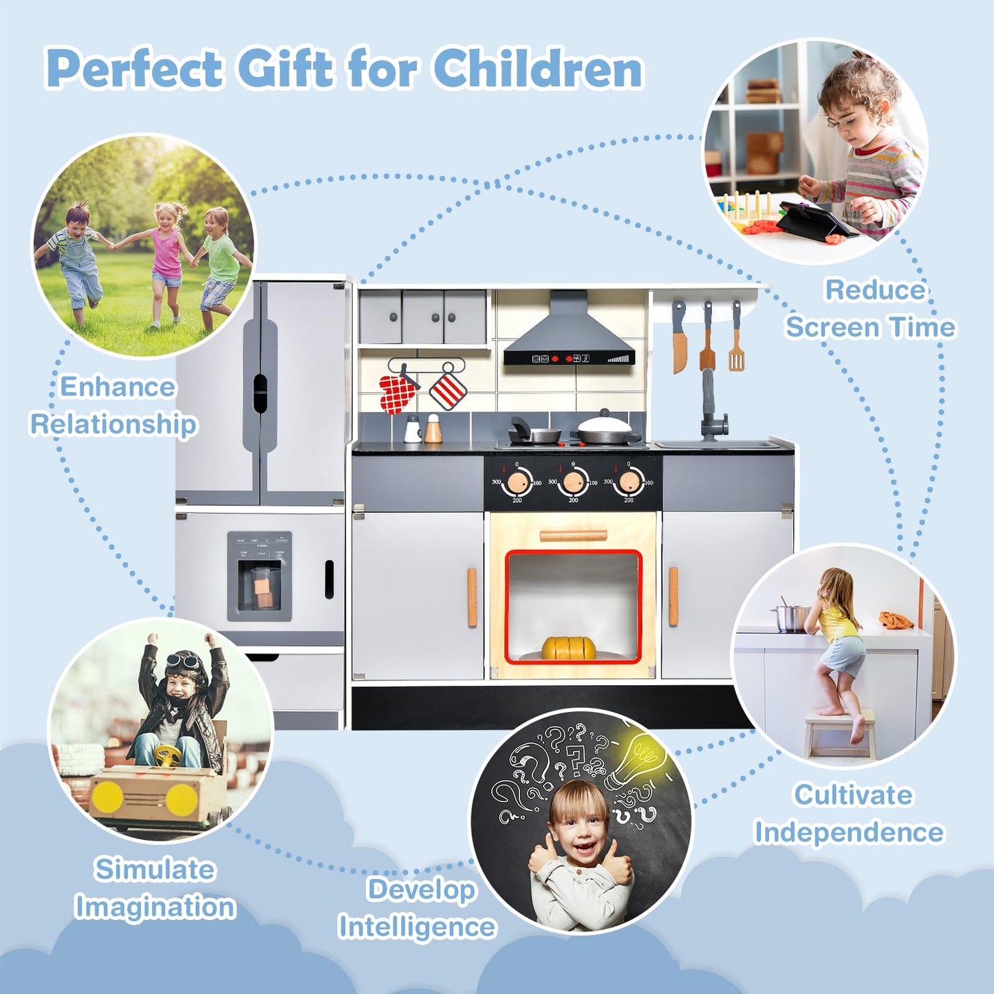 Pretend Play Kitchen Toy with Freestanding Refrigerator
