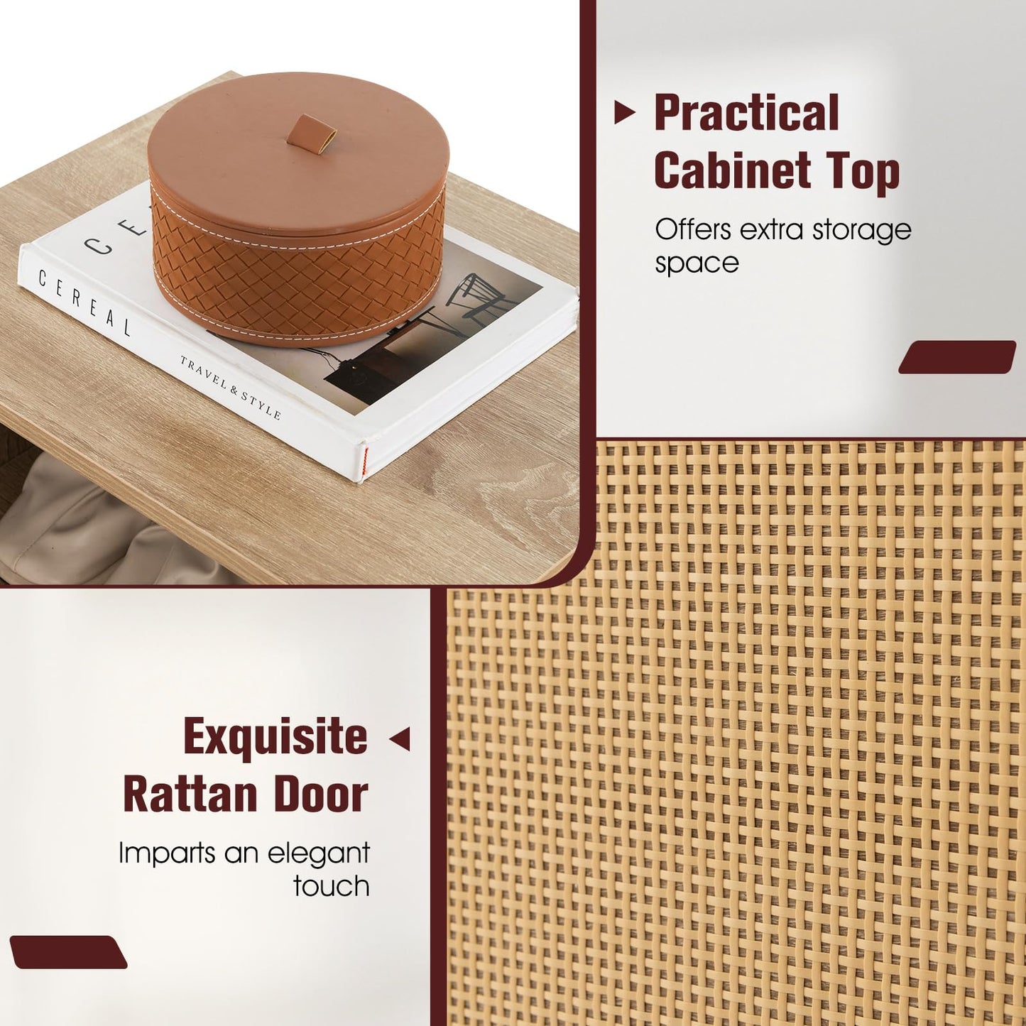 2-in-1 Rattan Shoe Cabinet with Bench and 3 Adjustable Shelves