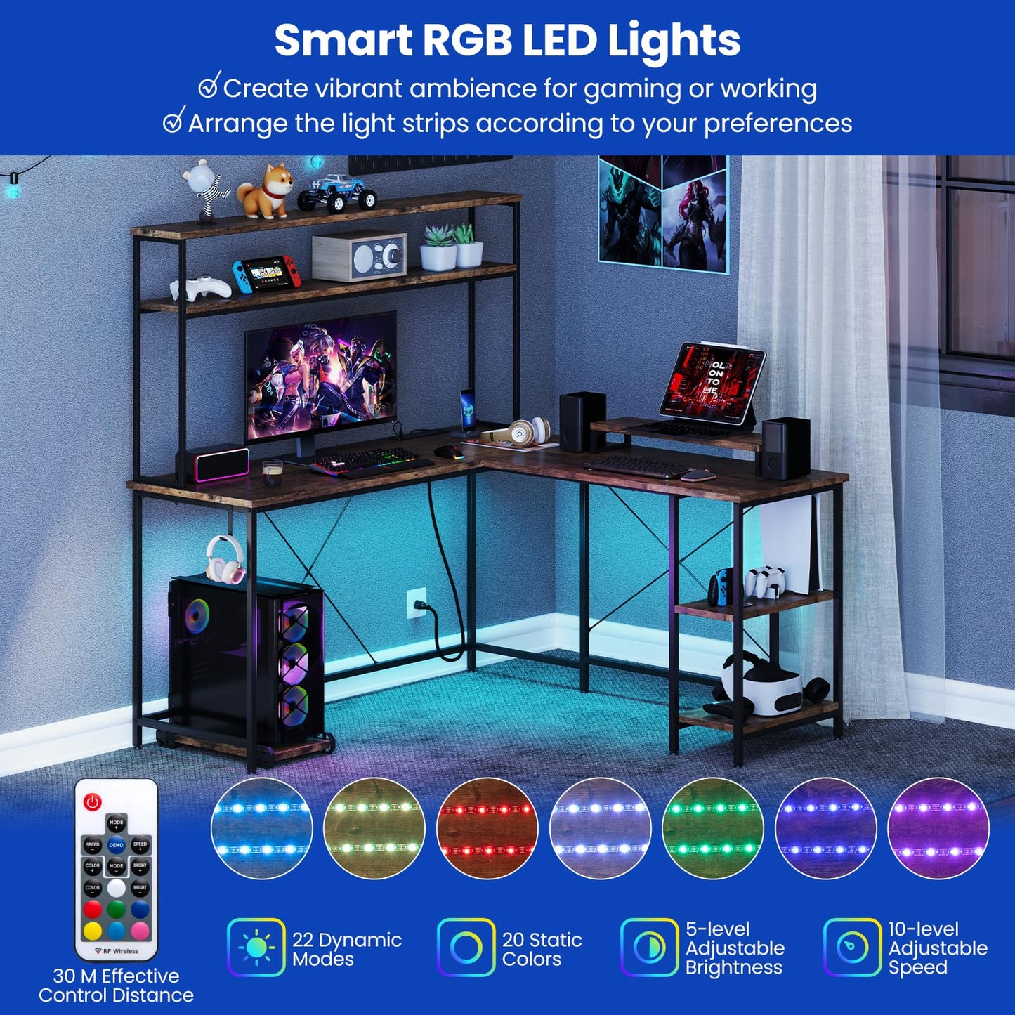 L-Shaped Gaming Desk with LED Strip and Power Outlets