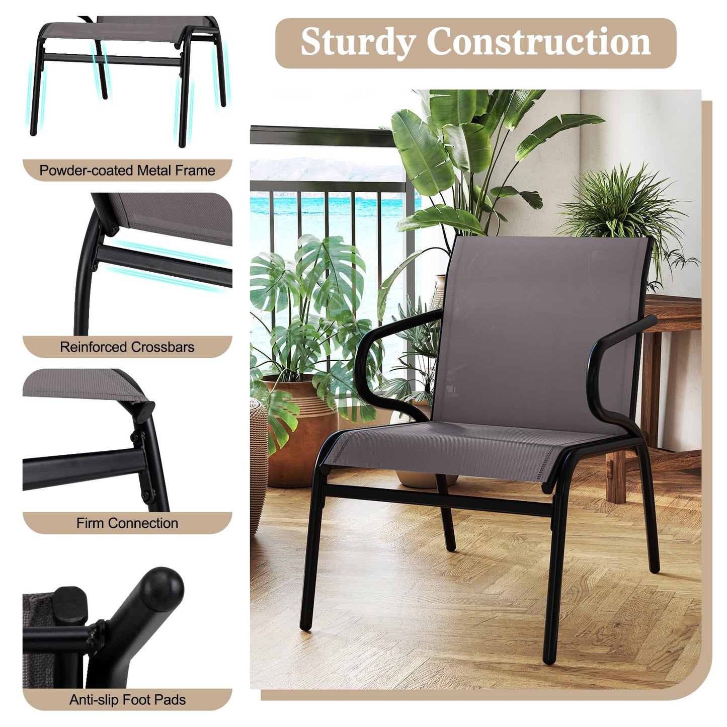 Outdoor Dining Chairs Set of 2 with Breathable Backrest & Seat and Armrests