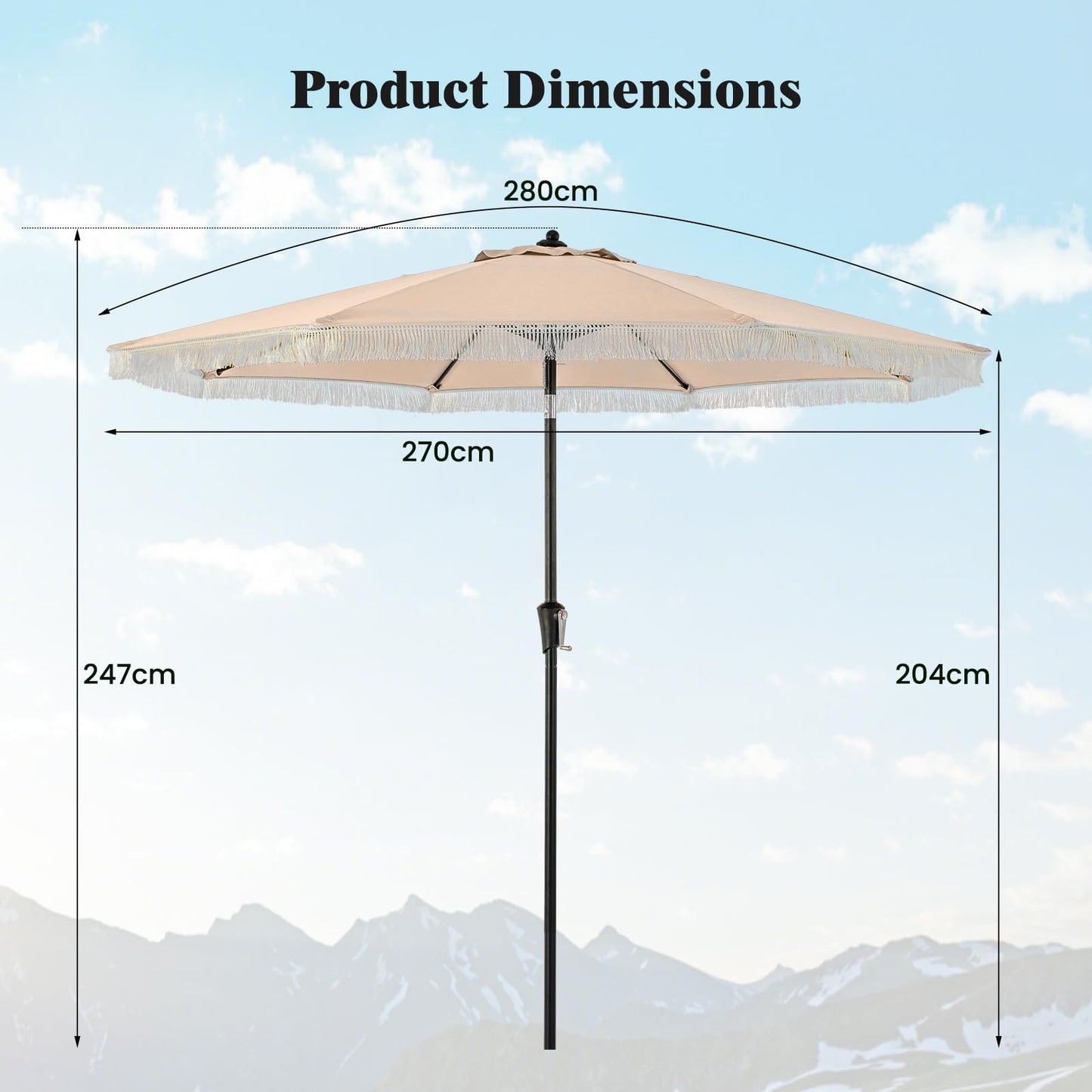 9FT Garden Parasols with Fringe with Push Button Tilt