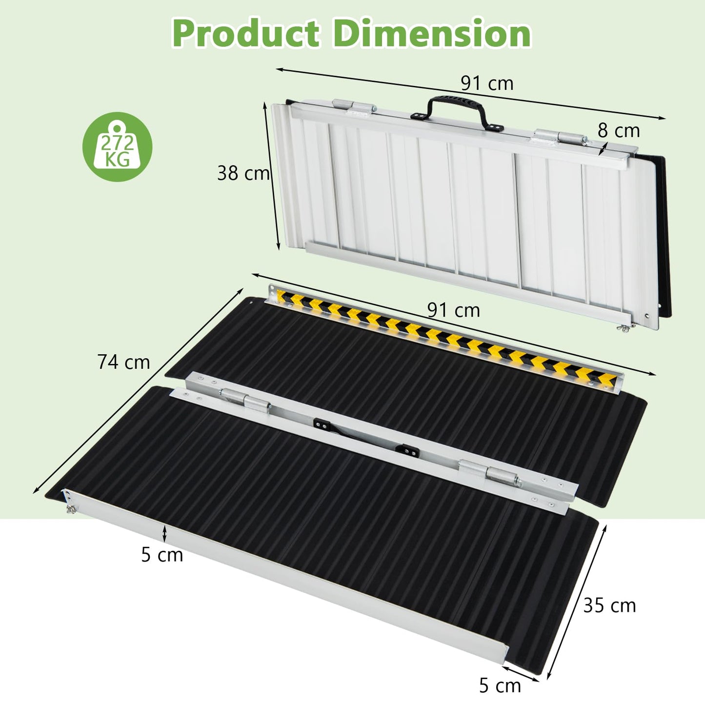 3FT Folding Portable Aluminum Ramp with Transition Plate and Reflective Warning Stickers