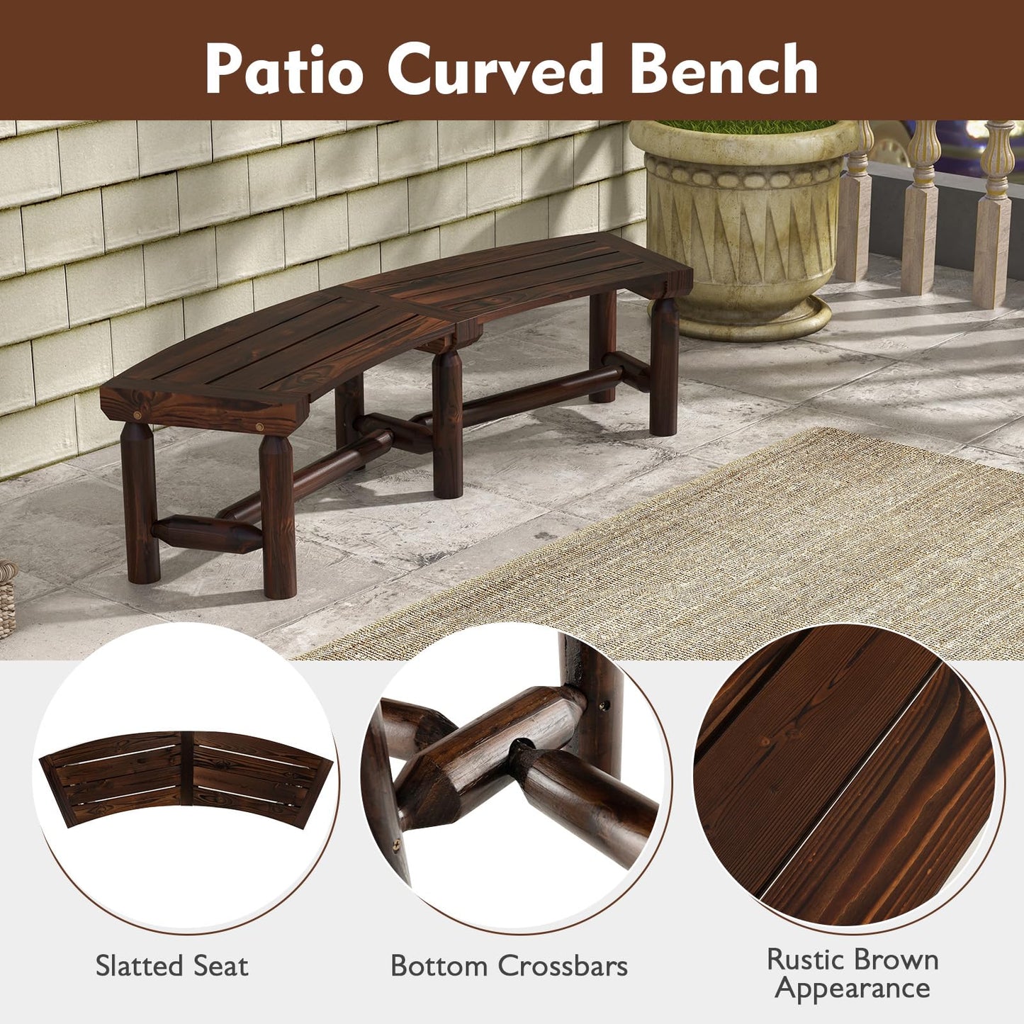 All-Weather Curved Shape Carbonized Wood Patio Loveseat with Slatted Seat