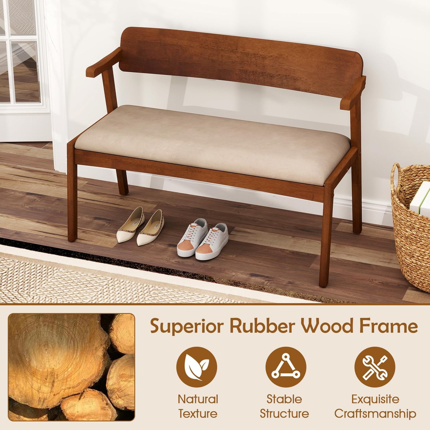 2 Seat Rubber Wood Bench with Padded Seat and Ergonomic Backrest