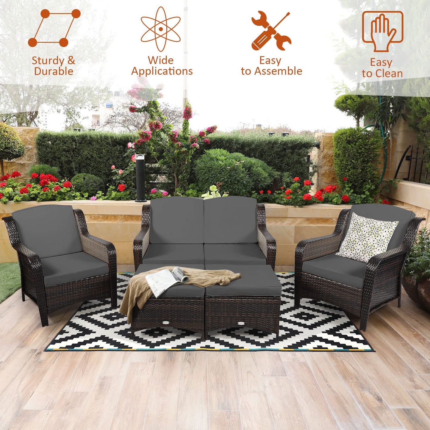 5 Pieces All-Weather Outdoor Sectional Conversation Set for Balcony Yard Lawn