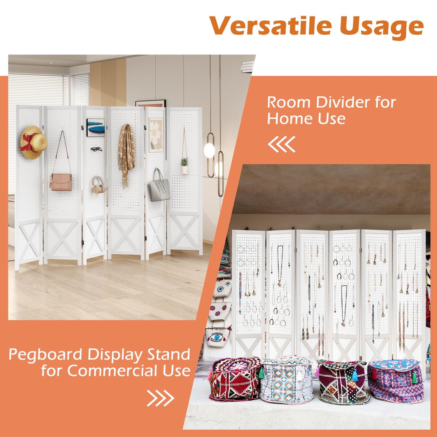 4/6 Panel Folding Room Divider with Pegboard Display