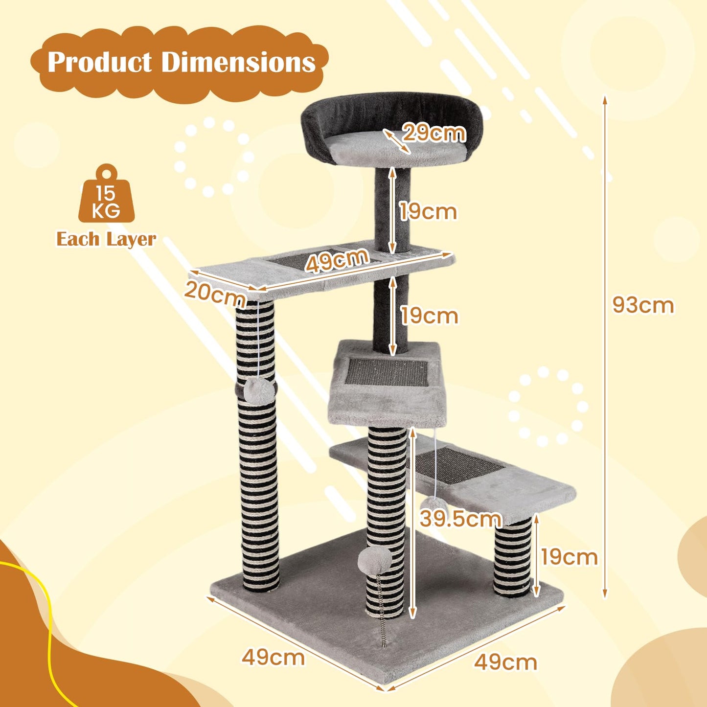 Cat Tree, 93cm Tall Modern Cats Tower with Padded Top Perch