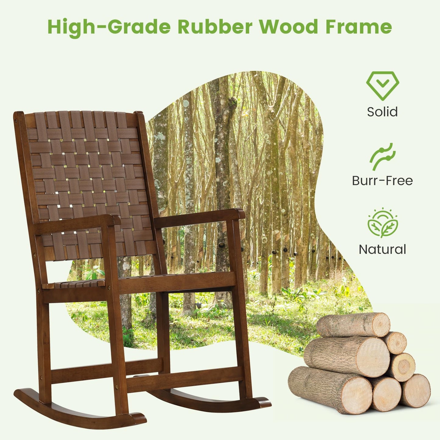 Wood Rocking Chair with PU Seat and Rubber Wood Frame for Porch Backyard Balcony
