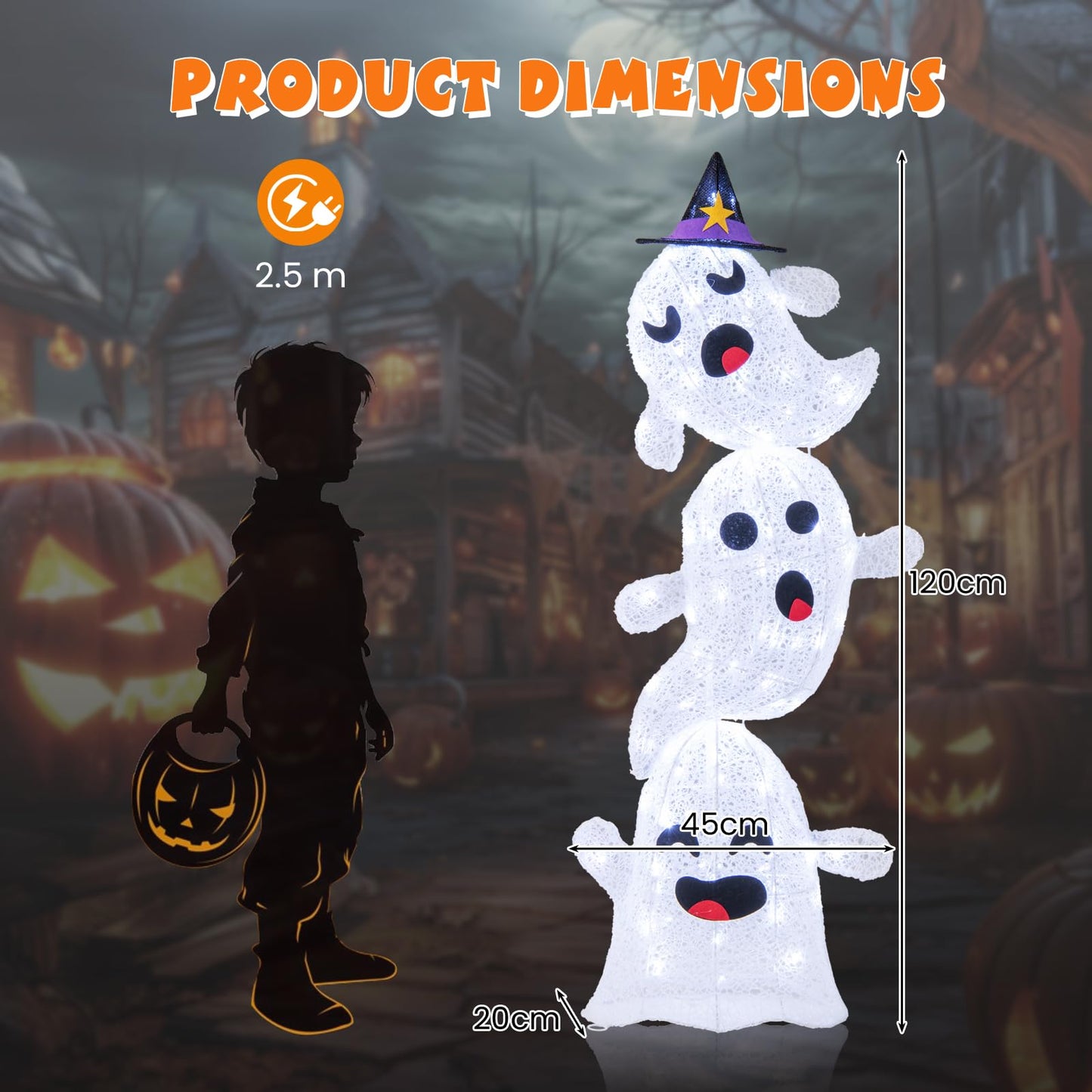 4 FT Lighted Stacked Ghosts with 120 LED Lights and 4 Metal Ground Stakes