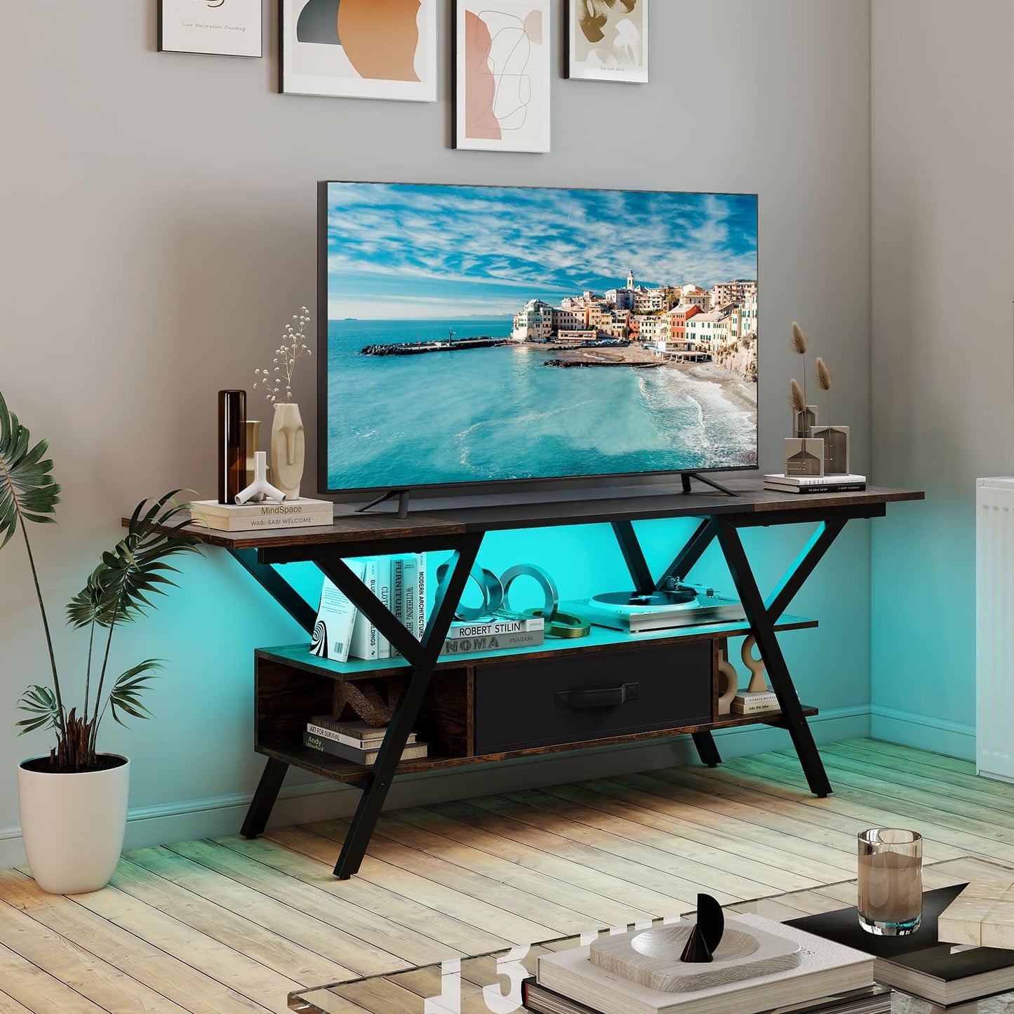 3-Tier Entertainment Center with LED Lights and Power Outlets