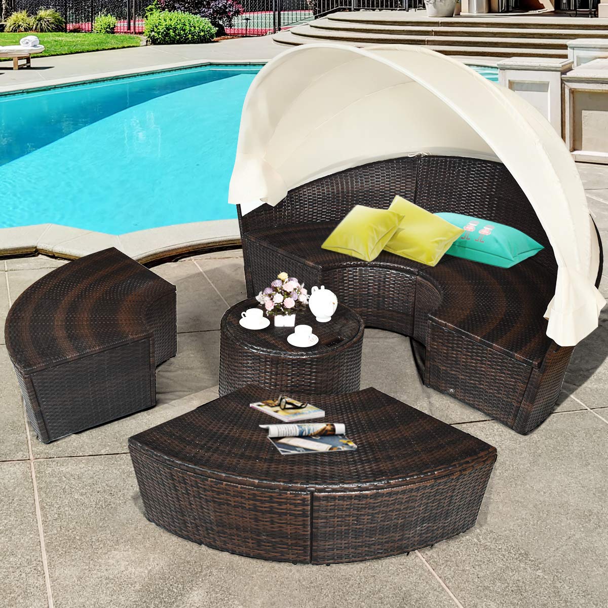 Patio Wicker Sun Bed Sectional Sofa Set with Retractable Canopy