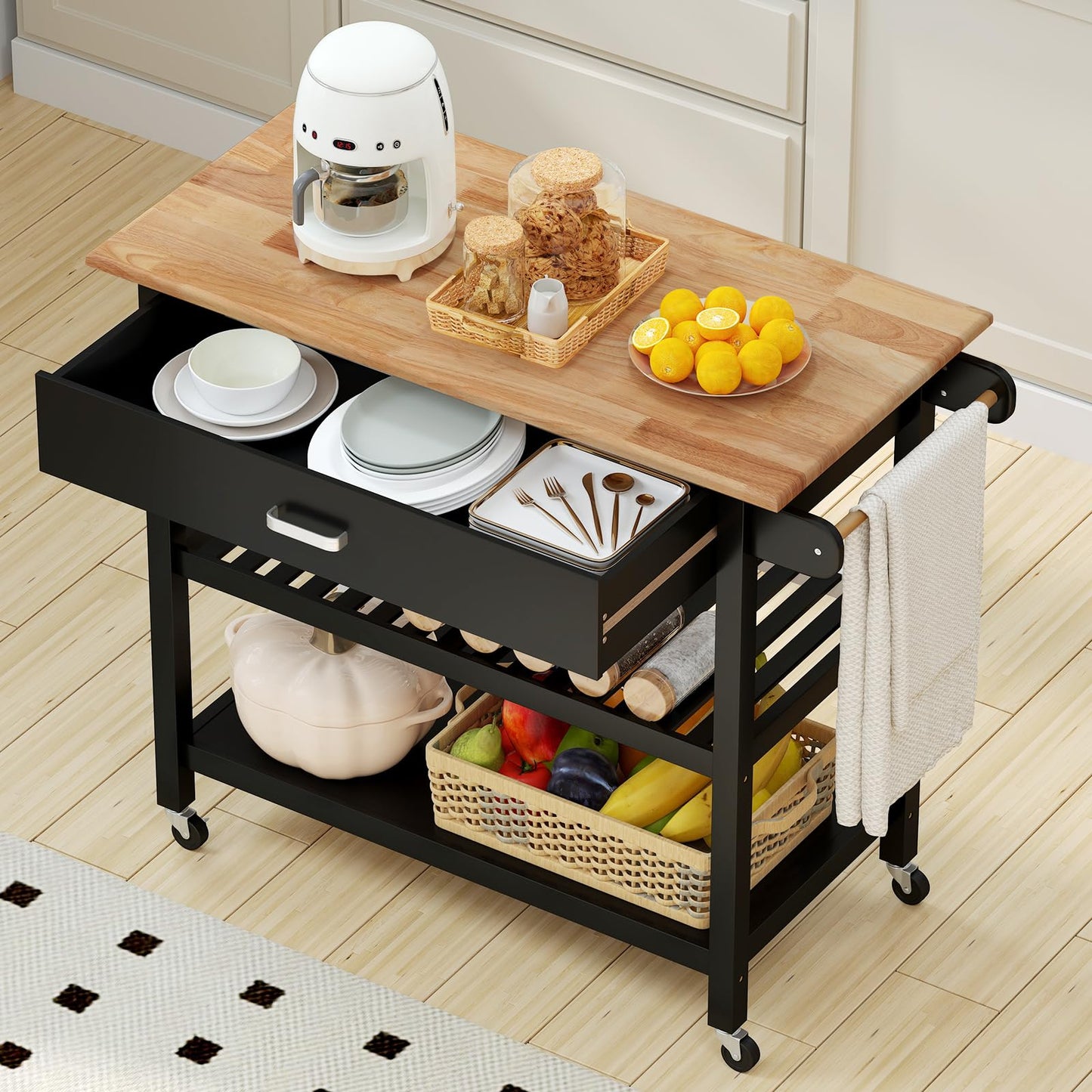 Kitchen Island with Open Shelves and Lockable Casters