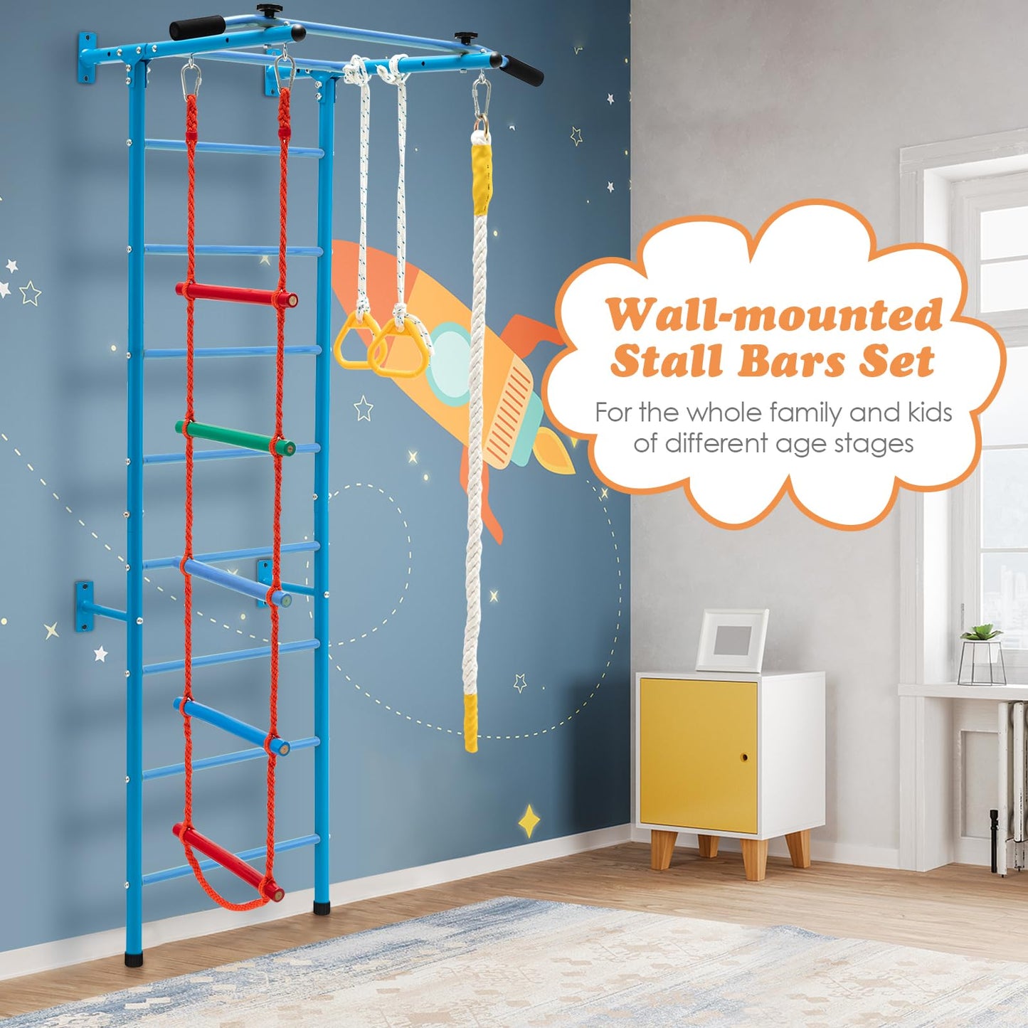 Swedish Ladder Set with Climbing Frame Pull-up Bar Ropes and Rings