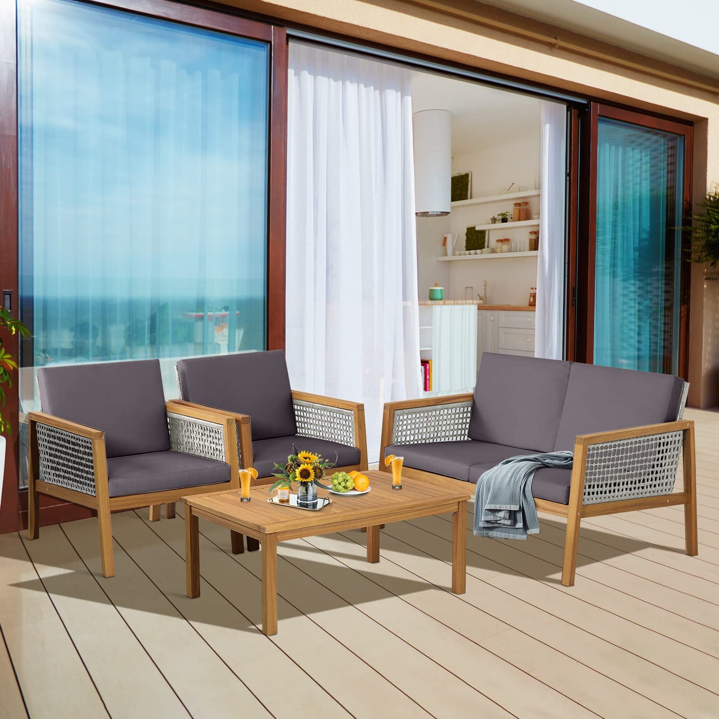 Acacia Wood Rattan Patio Conversation Set with Loveseat