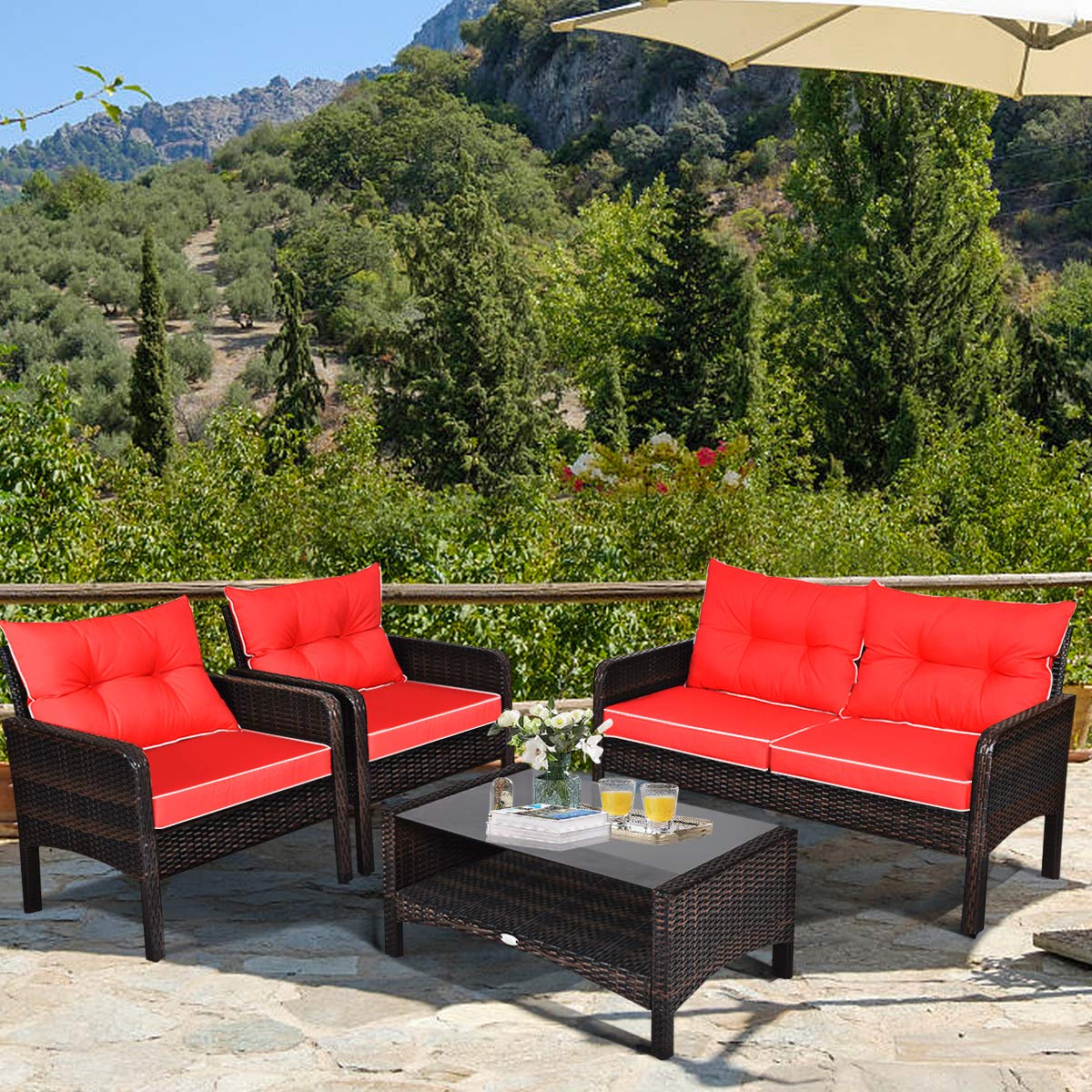 4-Piece Garden Rattan Conversation Furniture Set with Tempered Glass Table