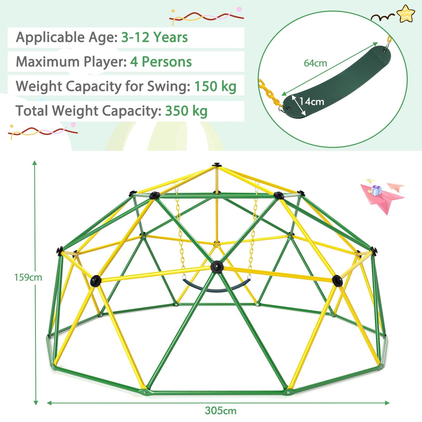 10FT Toddler Climbing Frame Monkey Bar Jungle Gym with Swing