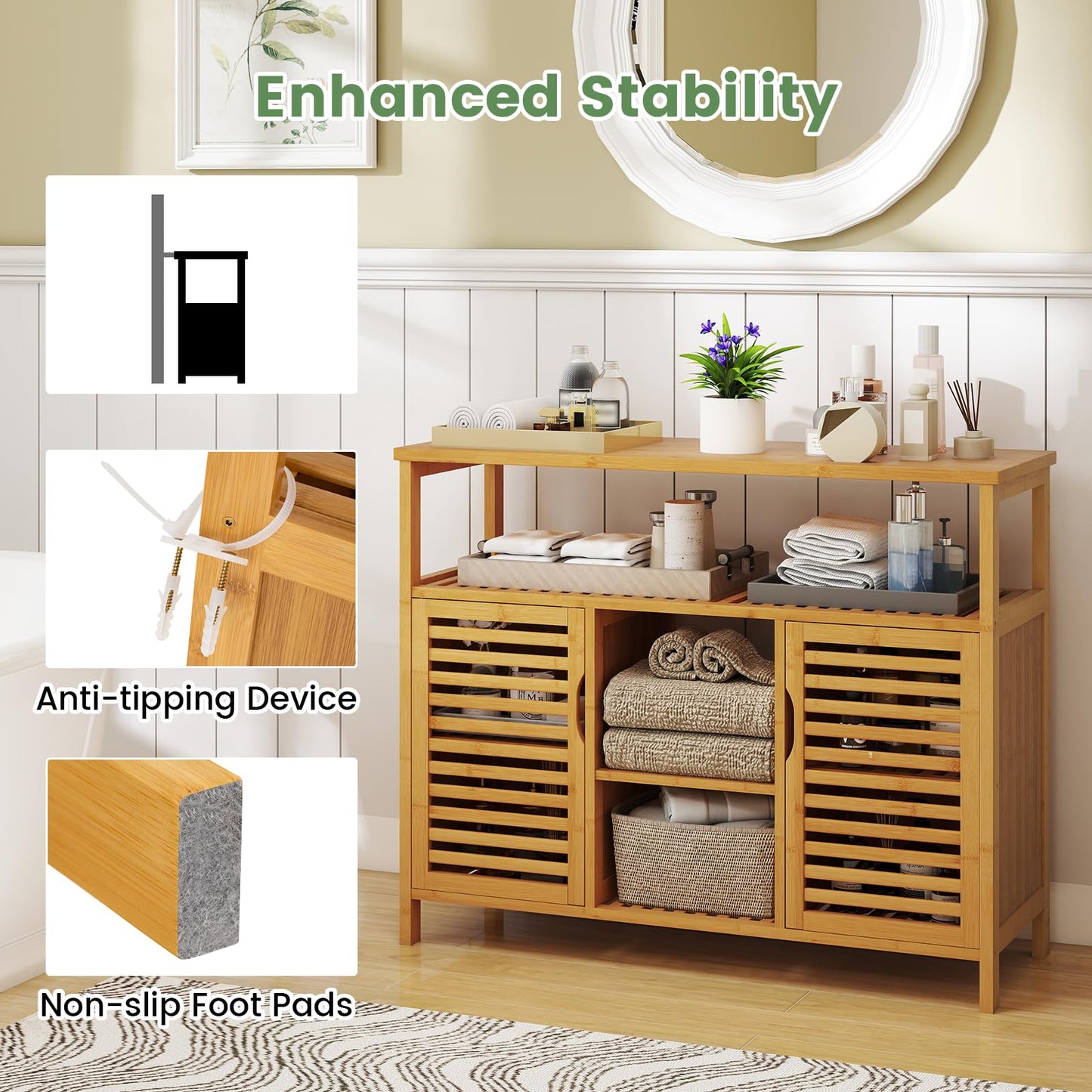 Bamboo Bathroom Cabinet 2-Door Storage Organizer with Shelves