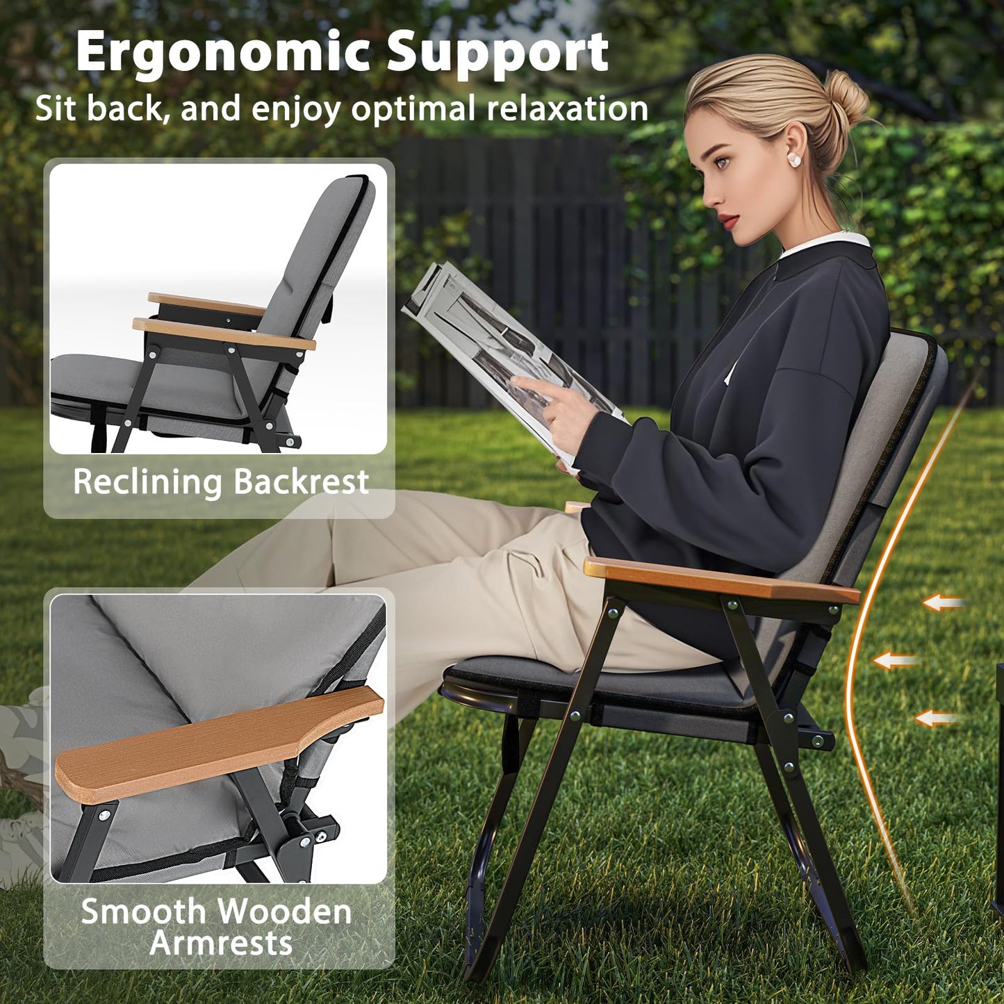 Set of 2 Folding Camping Chairs with Storage Pocket and Armrests