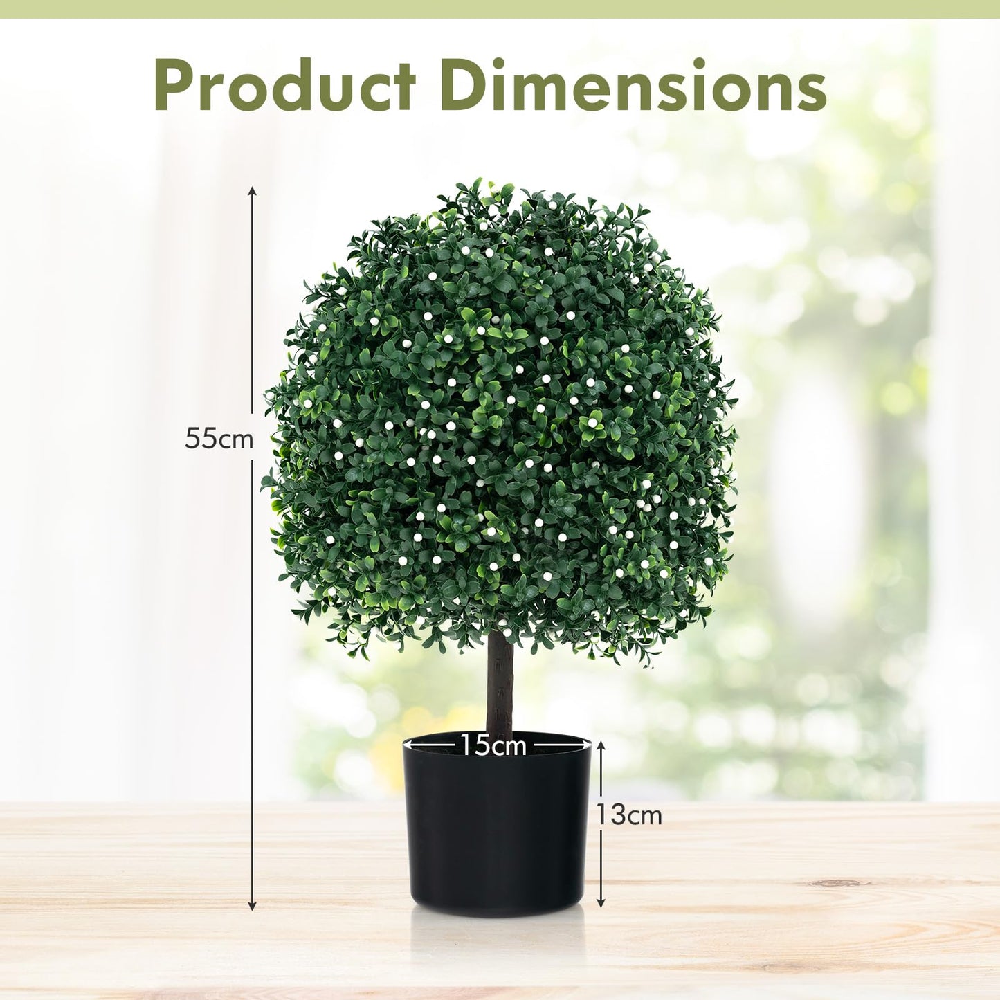 2 Piece Artificial Boxwood Topiary Ball Tree with UV Rated Leaves and 343 White Fruits