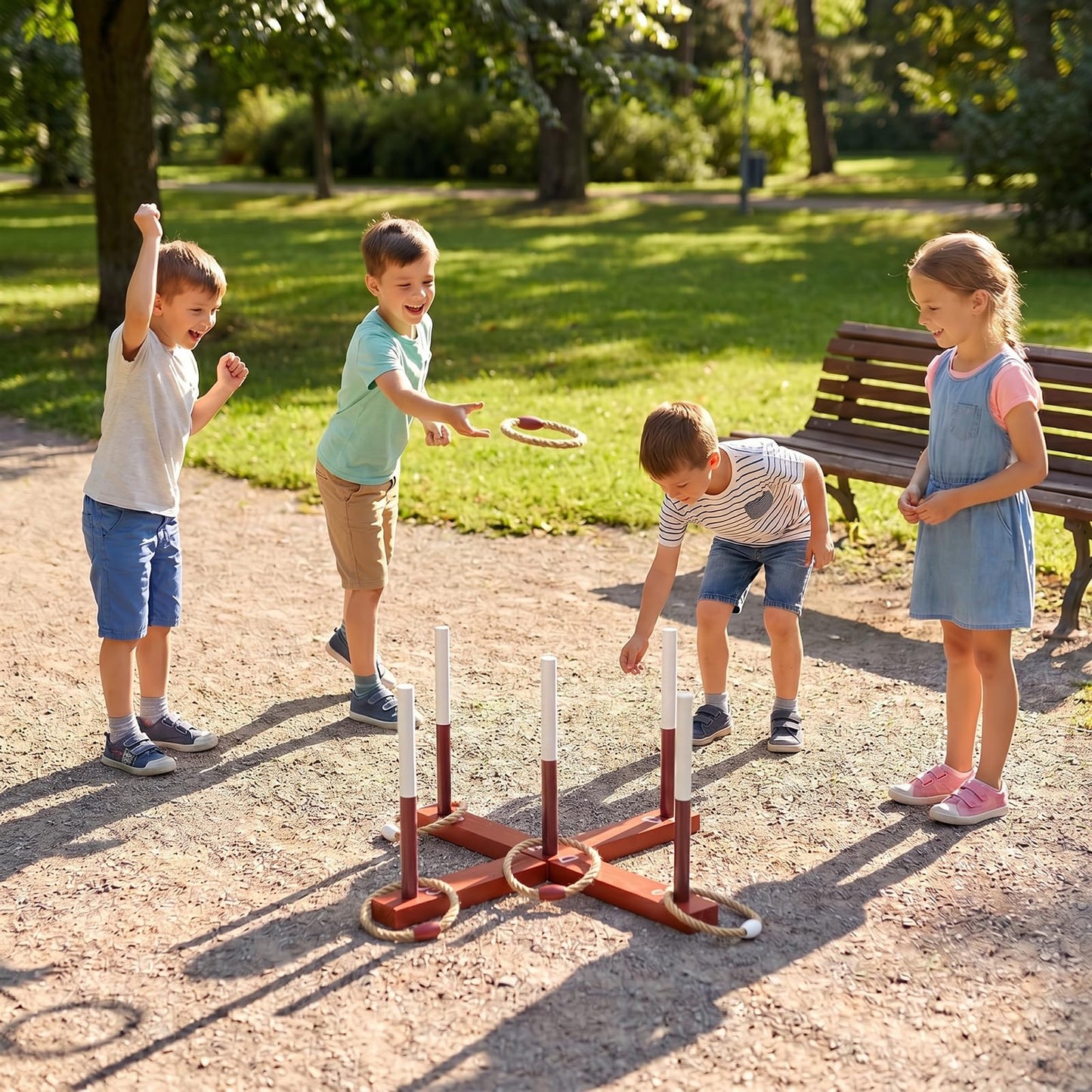 Wooden Quoits Games Set with Rope Rings, Indoor Outdoor Portable Throwing Game Toy