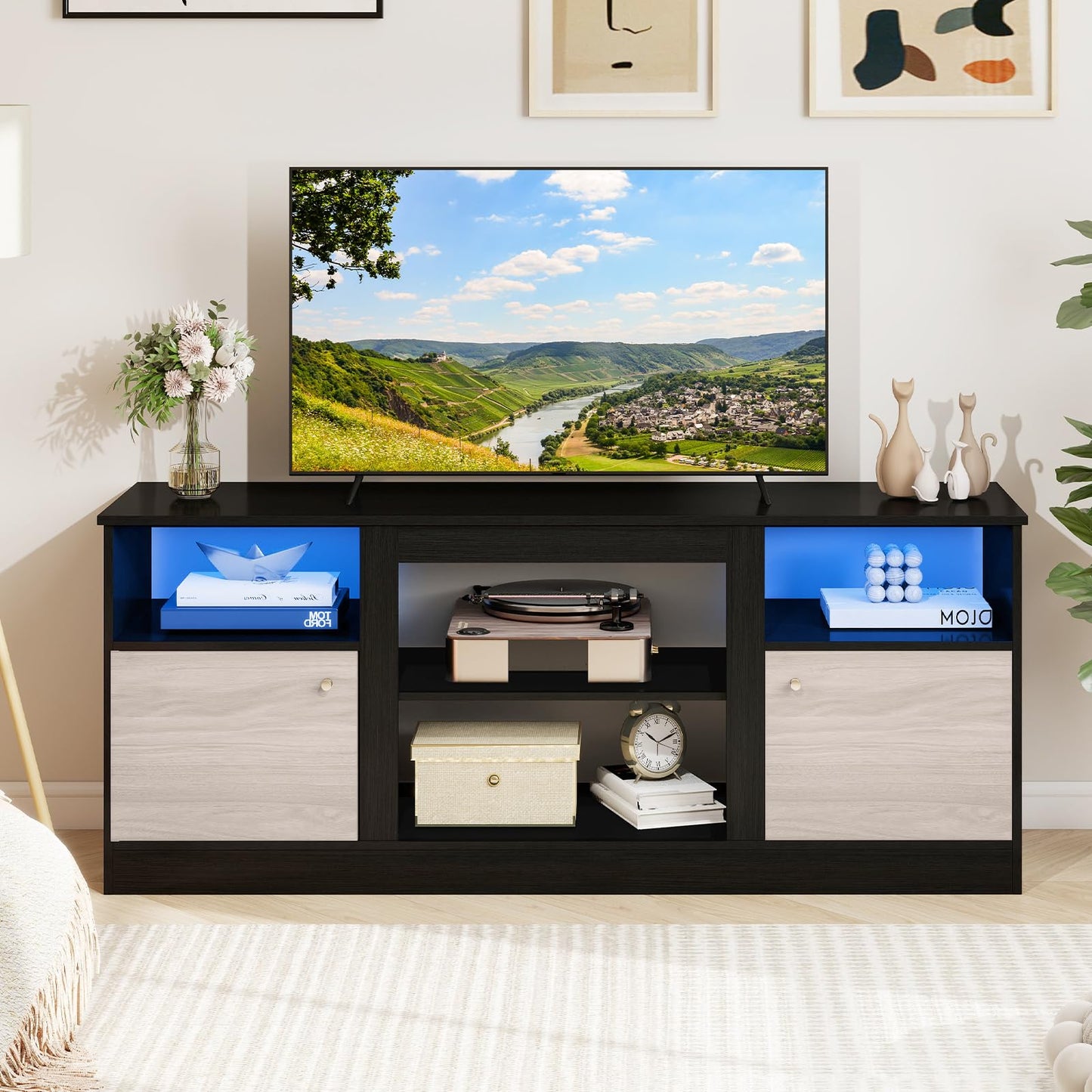 TV Stand with Adjustable Shelf and Open Compartment