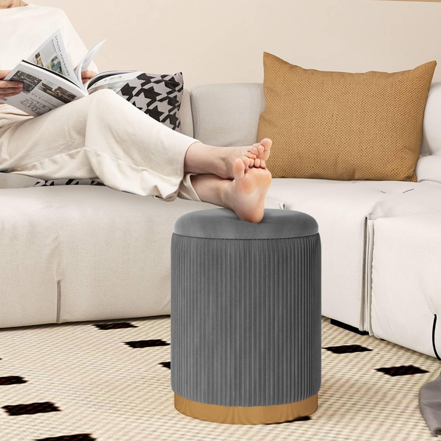 Velvet Storage Ottoman Set of 2 with Gold Stainless Steel Hoop