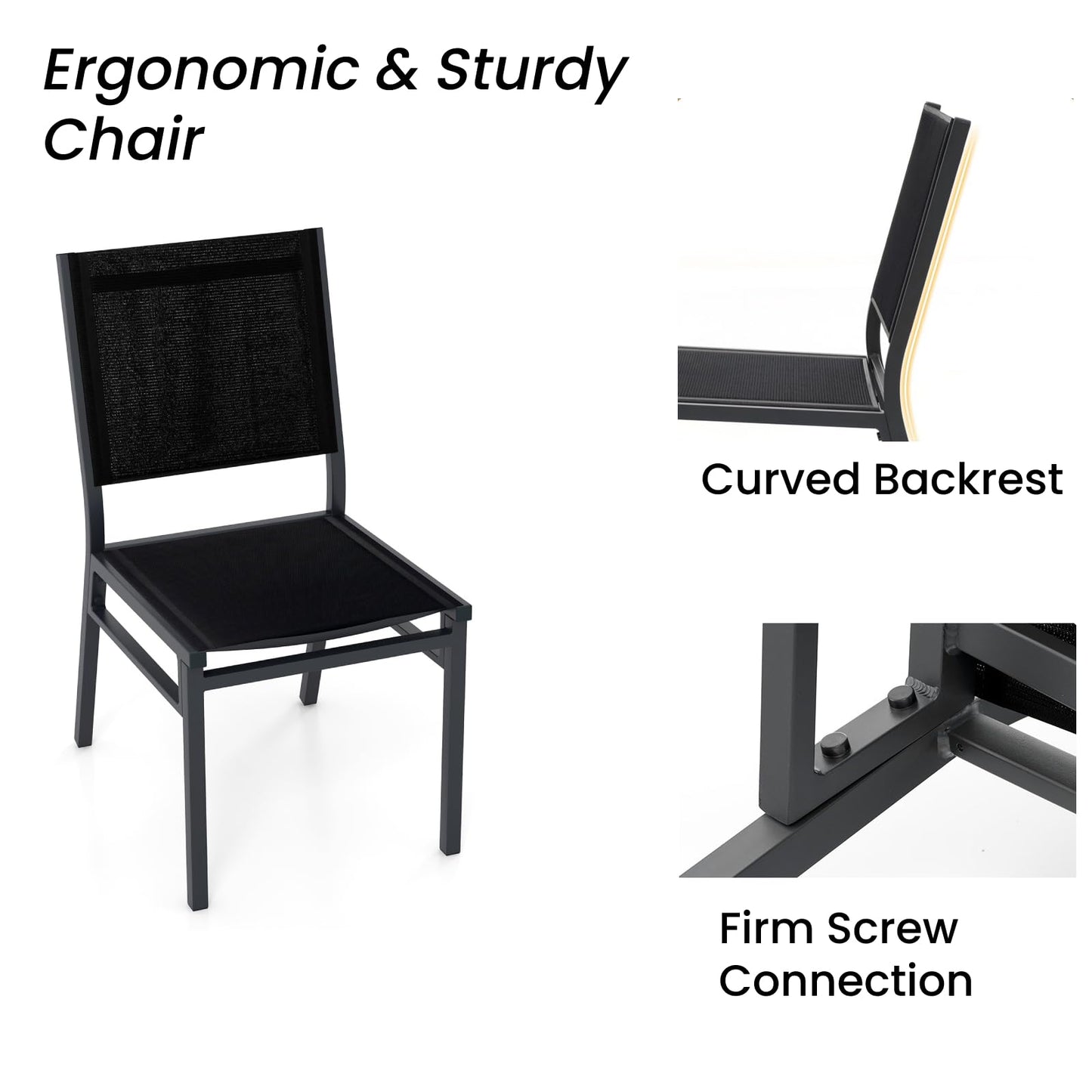 Aluminum Frame Patio Chairs with Curved Backrest & Fabric Seat