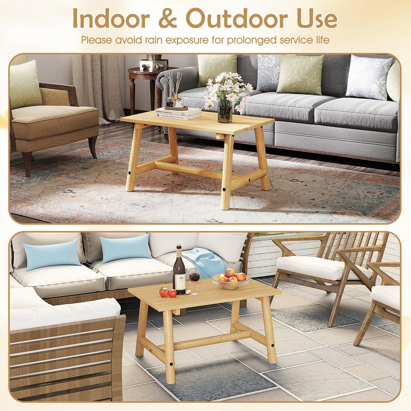 Outdoor Rectangle Coffee Table Solid Wood Patio Table with Slatted Tabletop for Garden Lawn