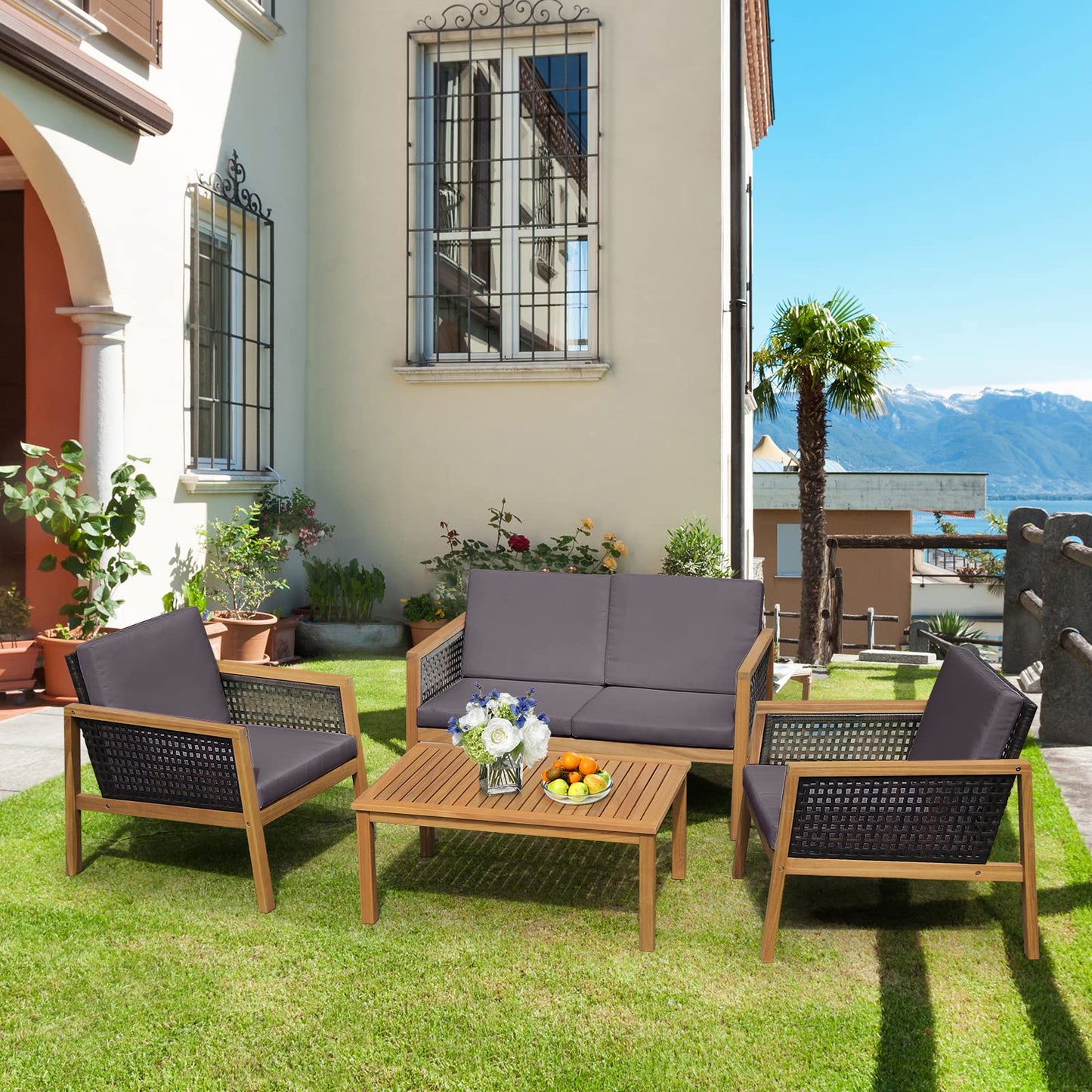 4 PCS Acacia Wood Rattan Patio Conversation Set with Loveseat and Coffee Table