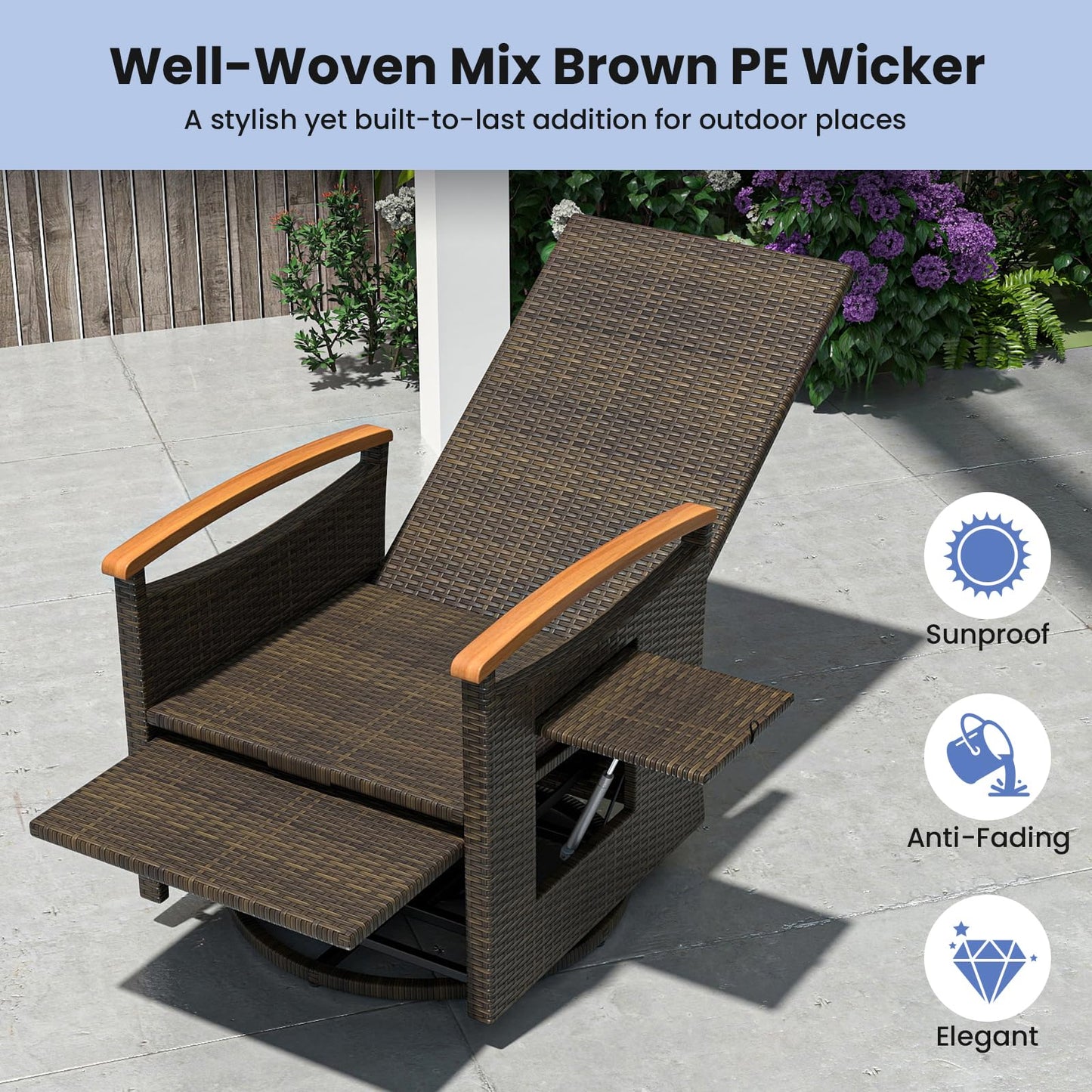 Outdoor 360° Swivel Rattan Recliner Chair with Adjustable Backrest and Footrest