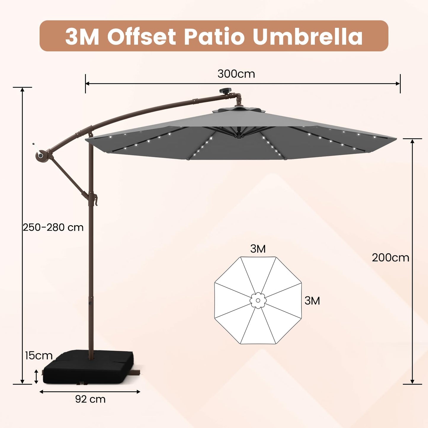 3M Cantilever Garden Parasol with 40 LED Lights & Solar Panel Batteries