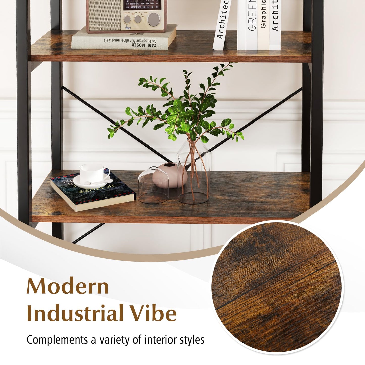5-Tier Bookshelf with Metal Frame and Storage Rack