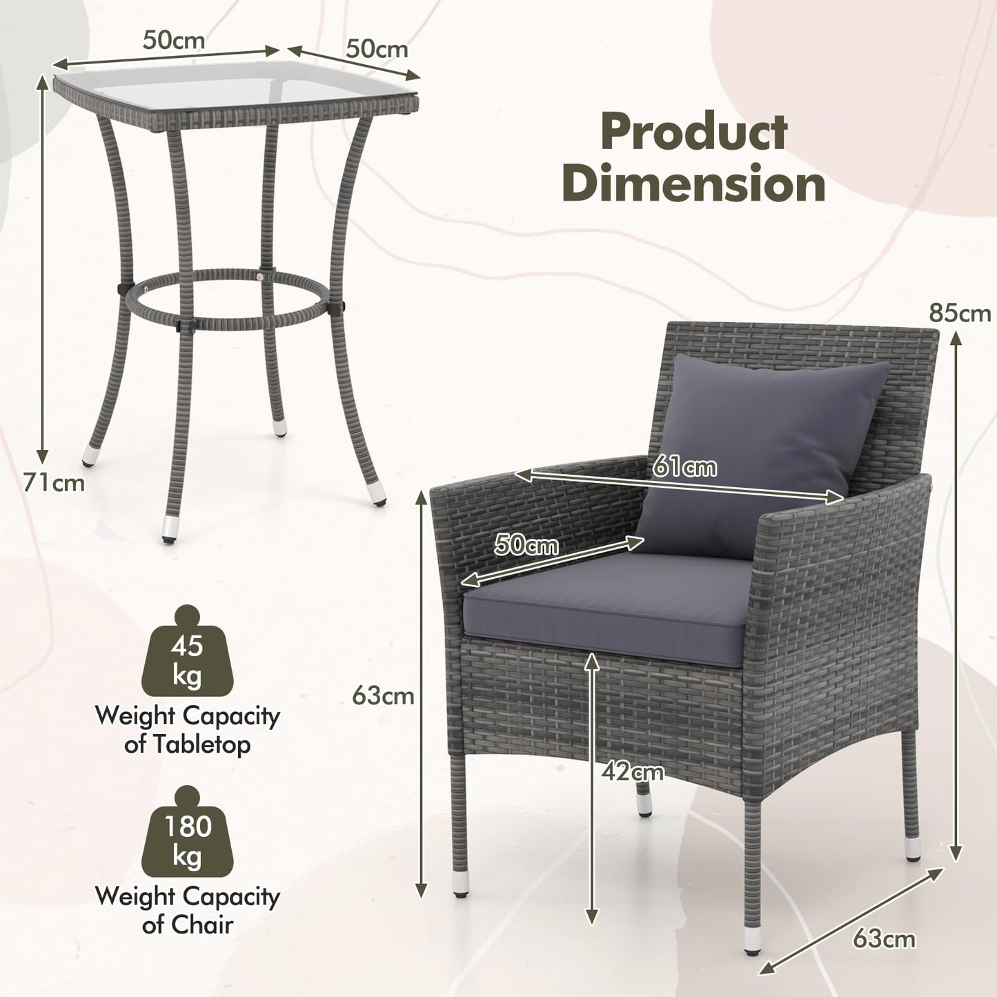 3-Piece PE Rattan Furniture Set with 2 Cushioned Chairs and Tempered Glass Table