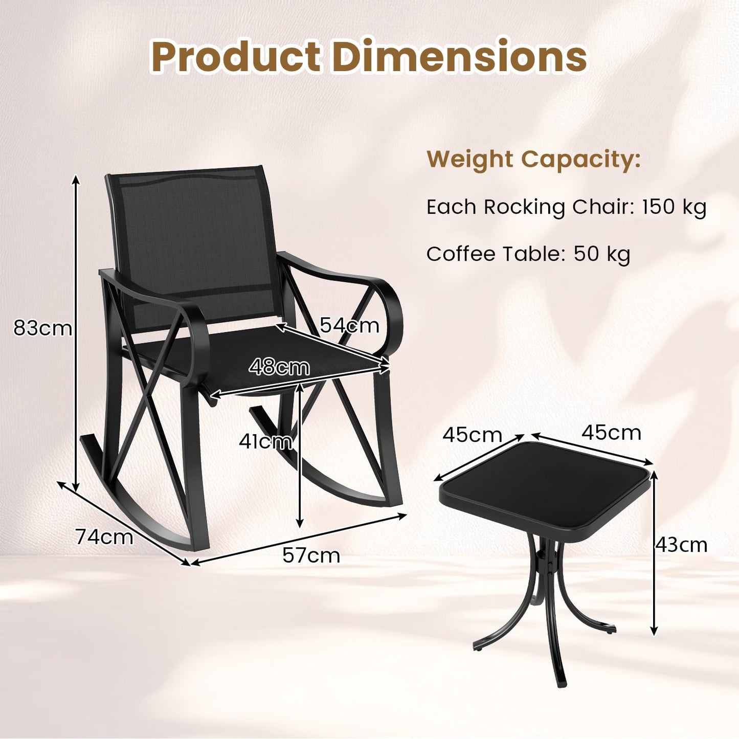3-Piece Patio Metal Frame Rocking Bistro Set with Tempered Glass-Top Side Table