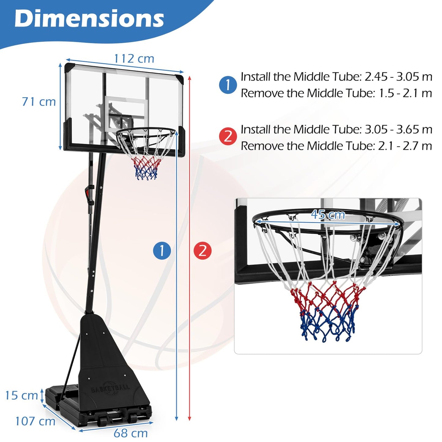 Basketball Hoop System with 44 Inch Shatterproof Backboard and Basketball Rebounder