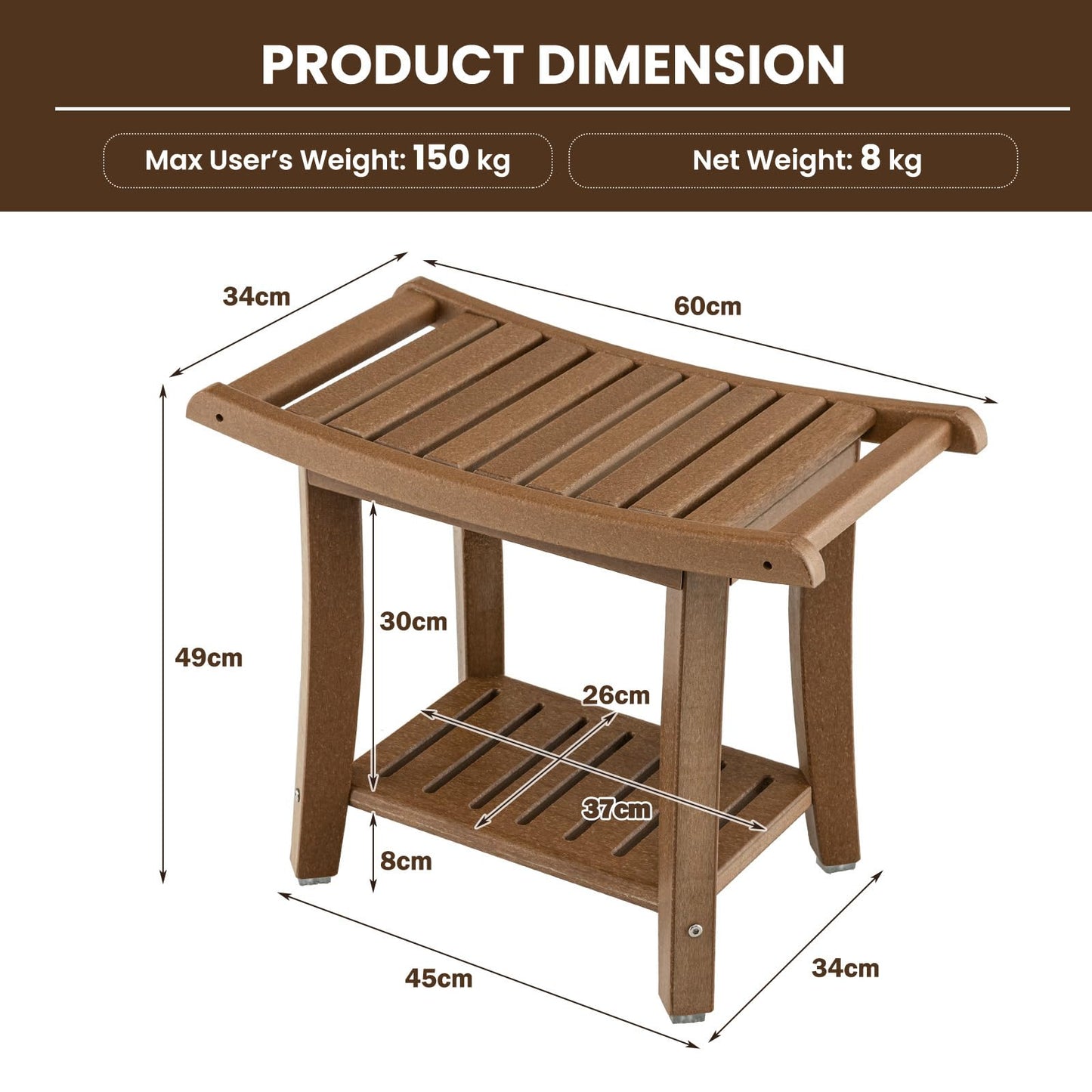 2-Tier Slatted Spa Bath Stool with Storage Shelf & Handles