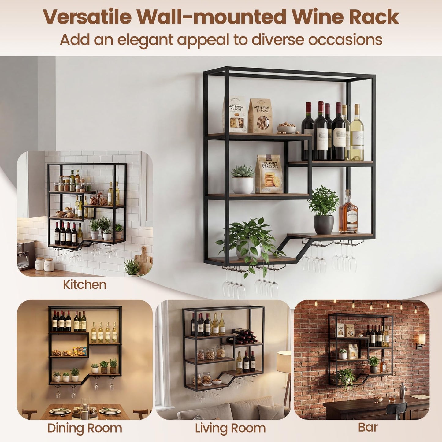 Wall Mounted Wine Rack, 5-Tier Hanging Bar Shelves with 4 Wine Glass Holders