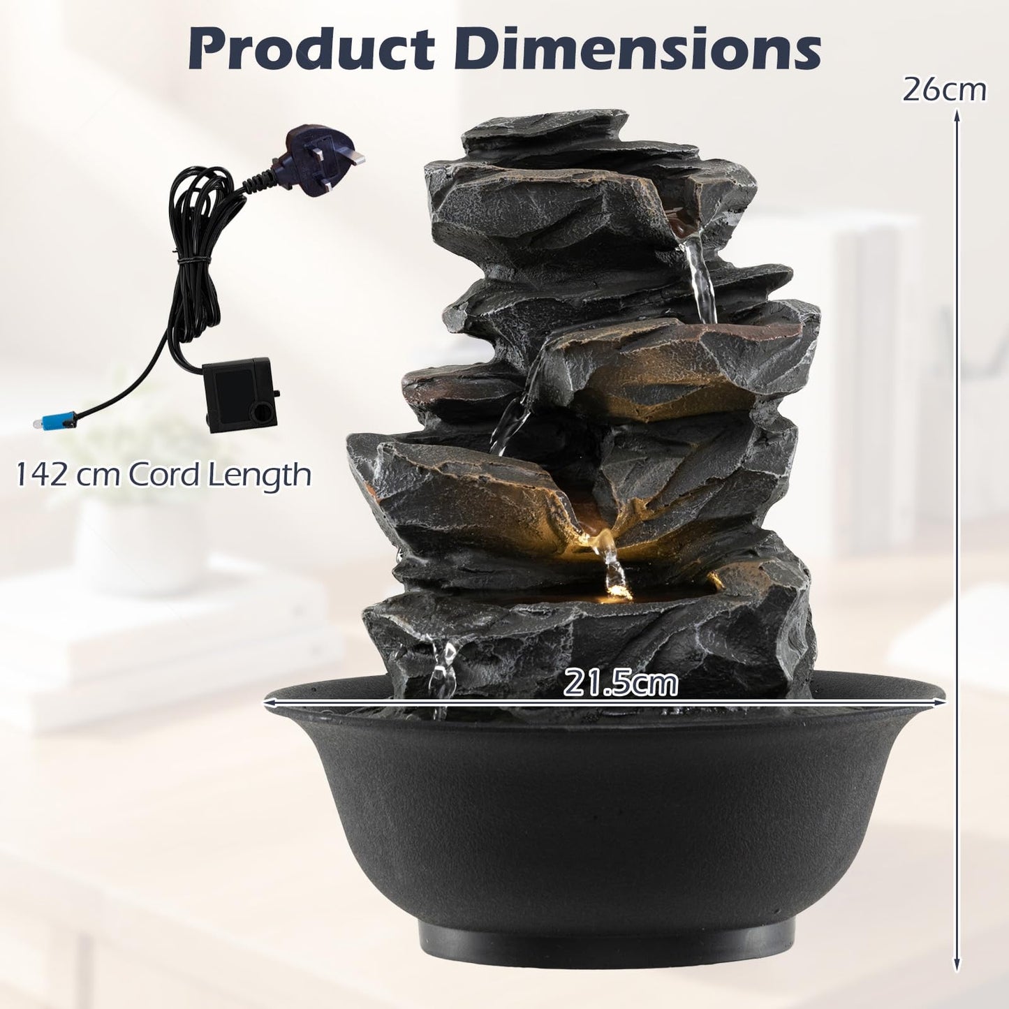 Indoor Water Fountain, Tabletop Indoor Water Feature with LED Light