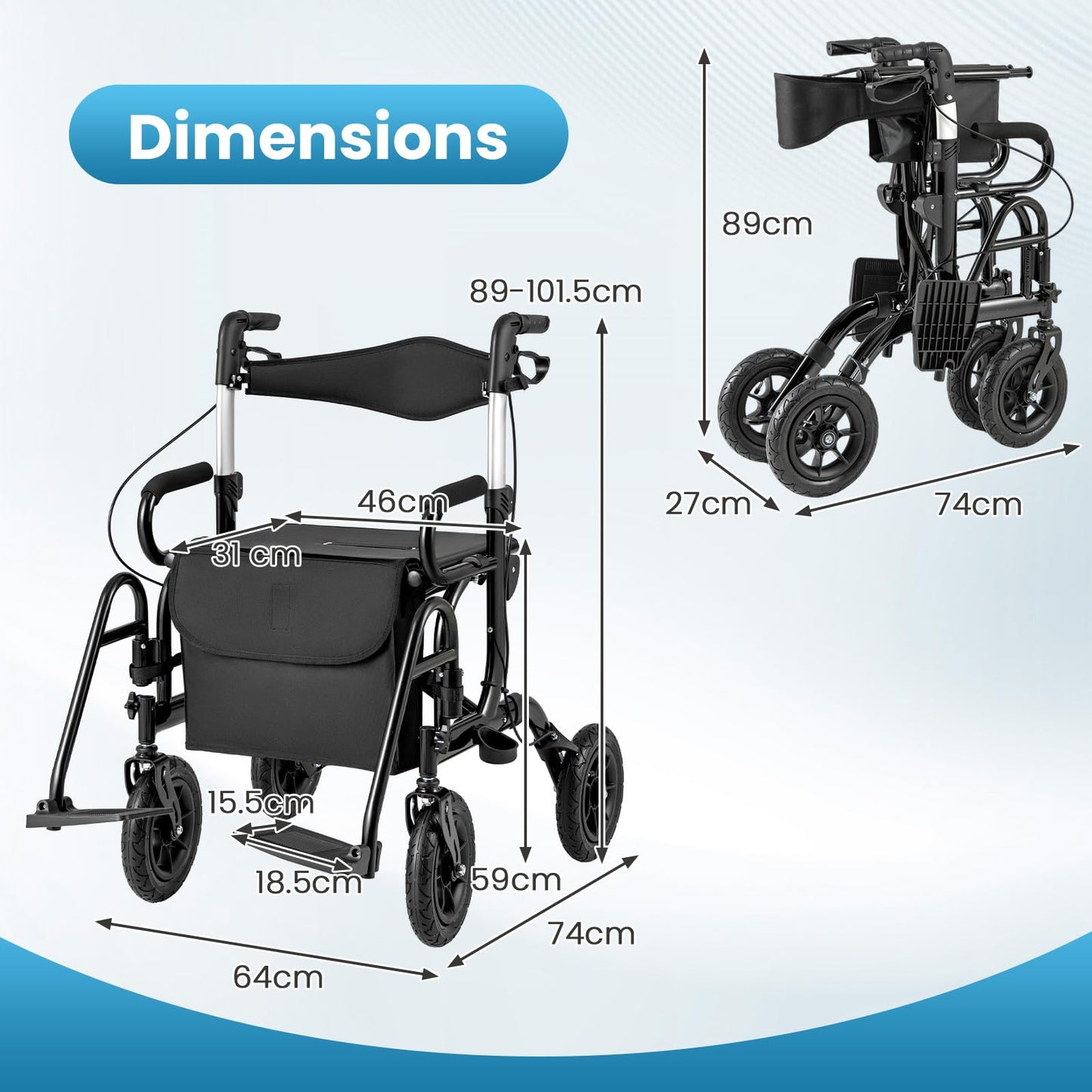 Wheeled Walking Frame Transfer Wheelchair with Seat
