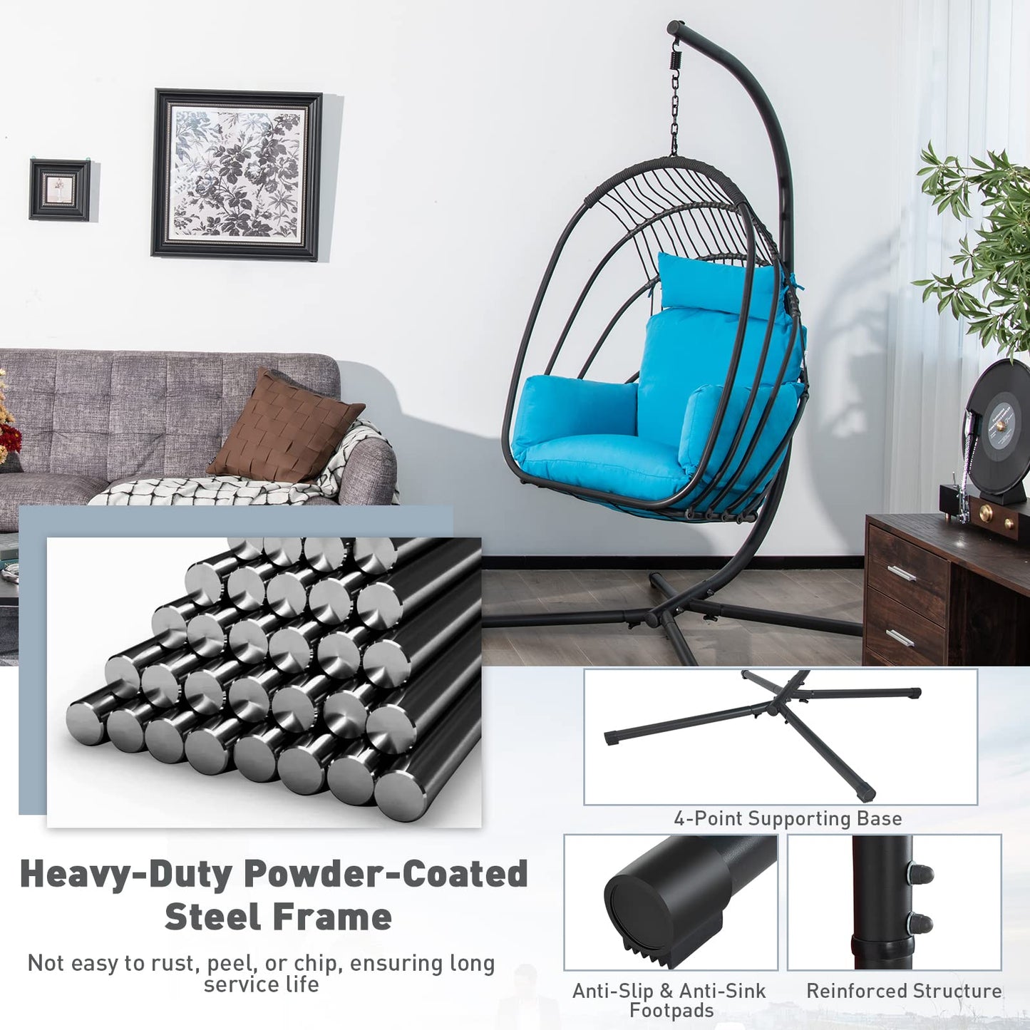 Foldable Rattan Swing Egg Chair with Stand & Soft Cushion