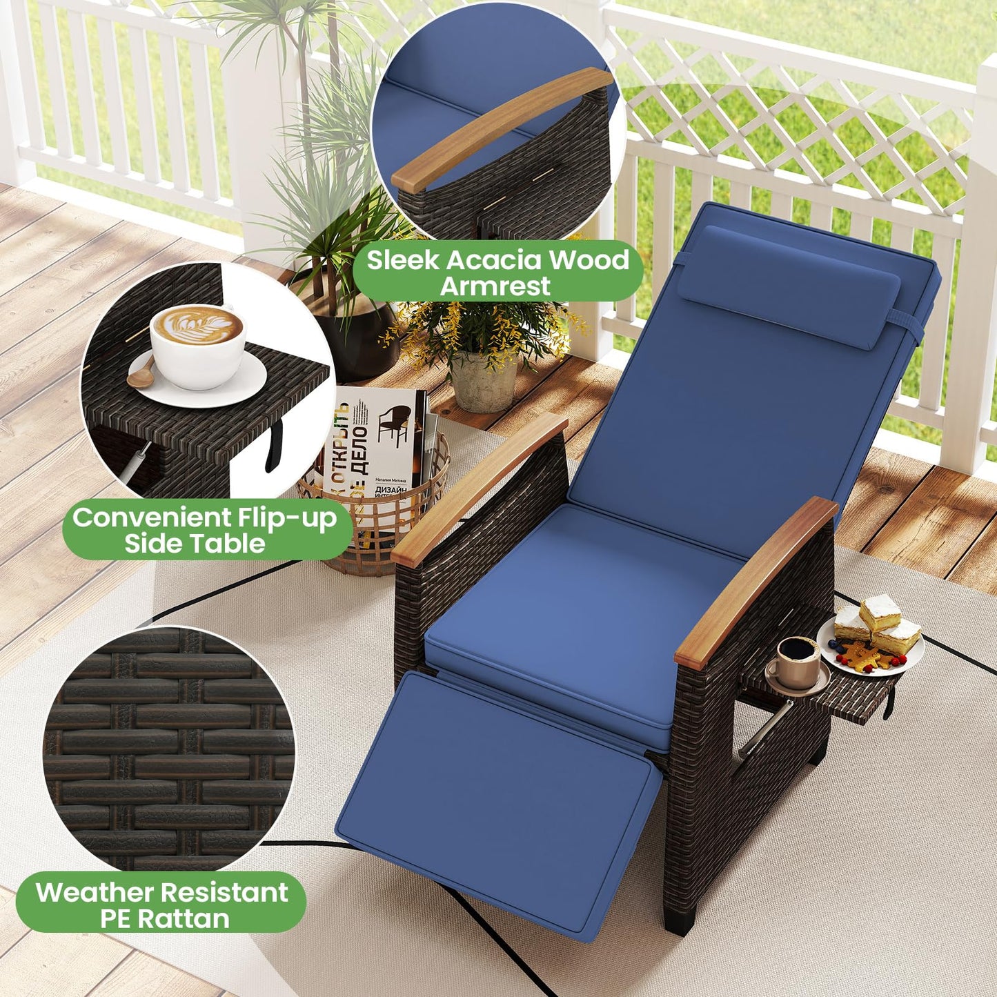 Patio Rattan Lounge Chair Recliner with Adjustable Footrest and Side Table