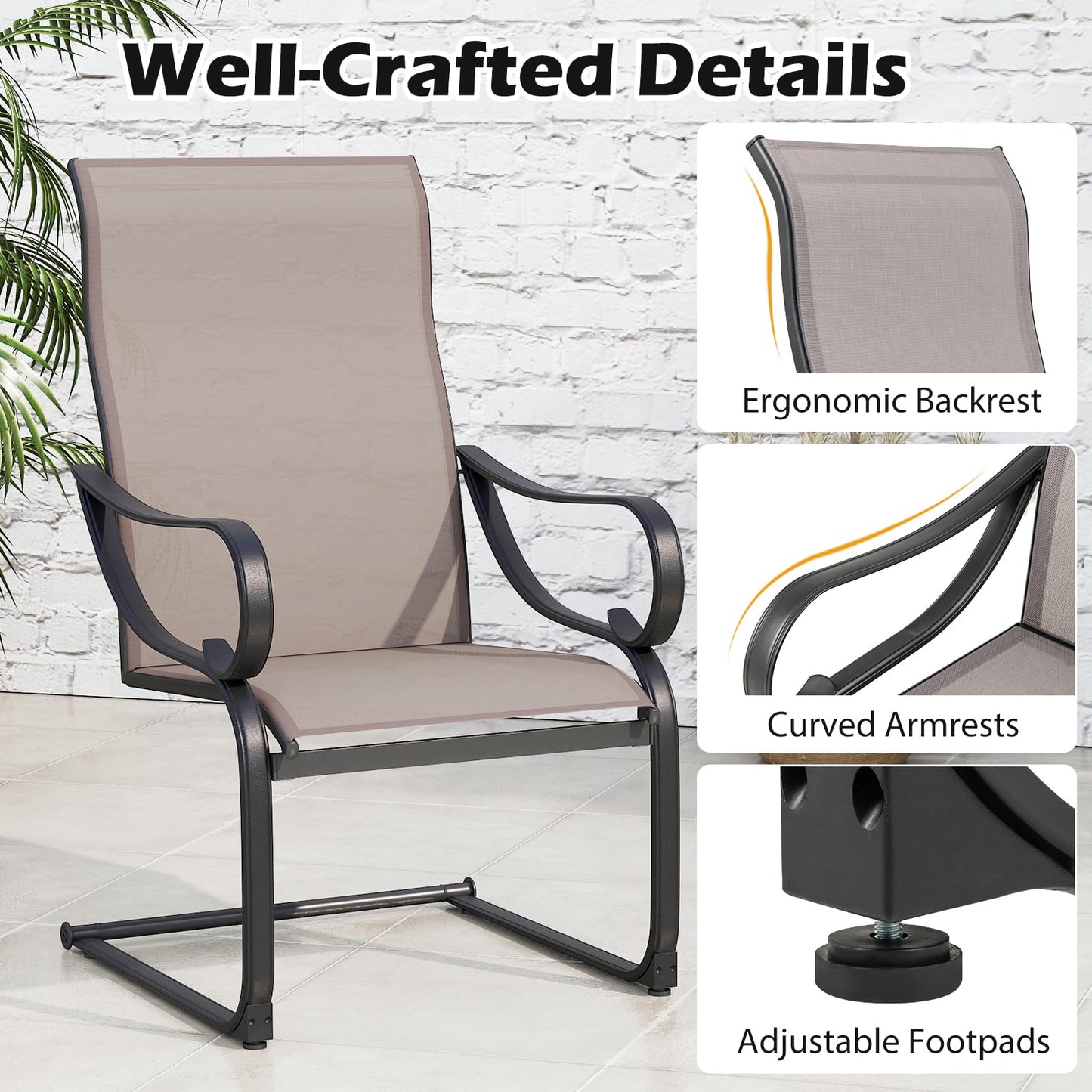 Outdoor C-Spring Garden Chairs Set of 2 with High Backrest