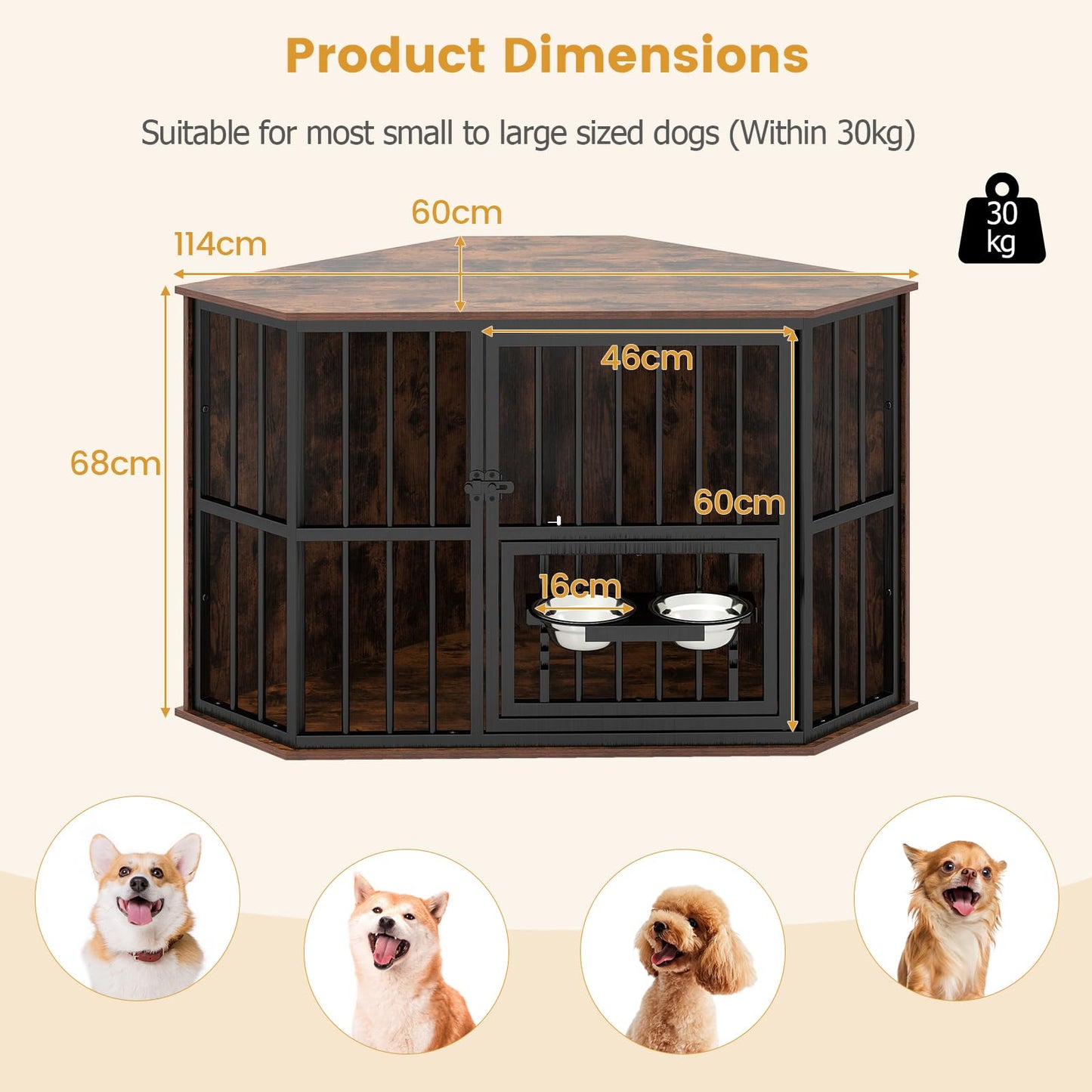 Corner Dog Crate Space Saving Dog Cage with Adjustable Feeder