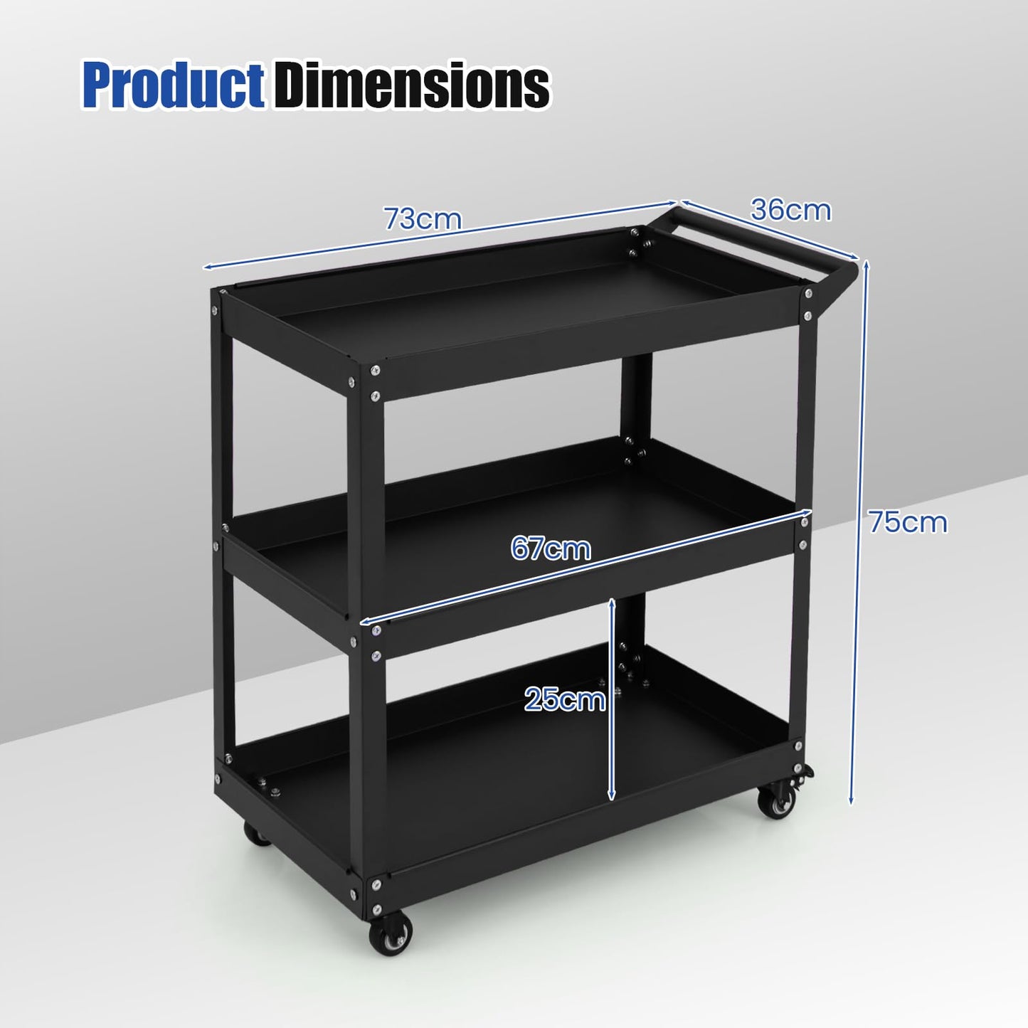 3-Tier Rolling Tool Cart with 4 Universal Wheels with 2 Brakes